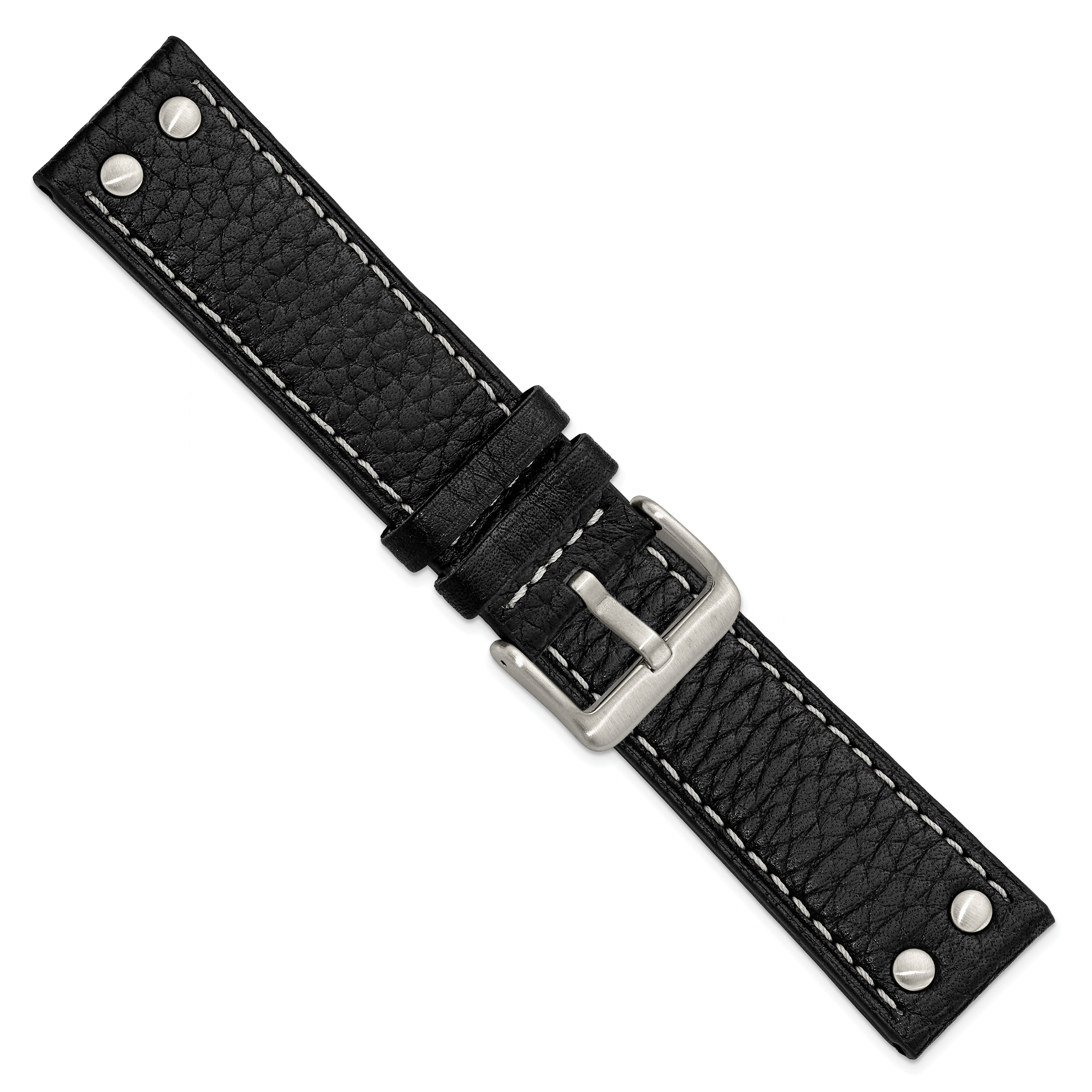 Gilden 22mm Black Flat Stitched Calfskin Leather with Studs and Stainless Steel Buckle 8 inch Watch Band