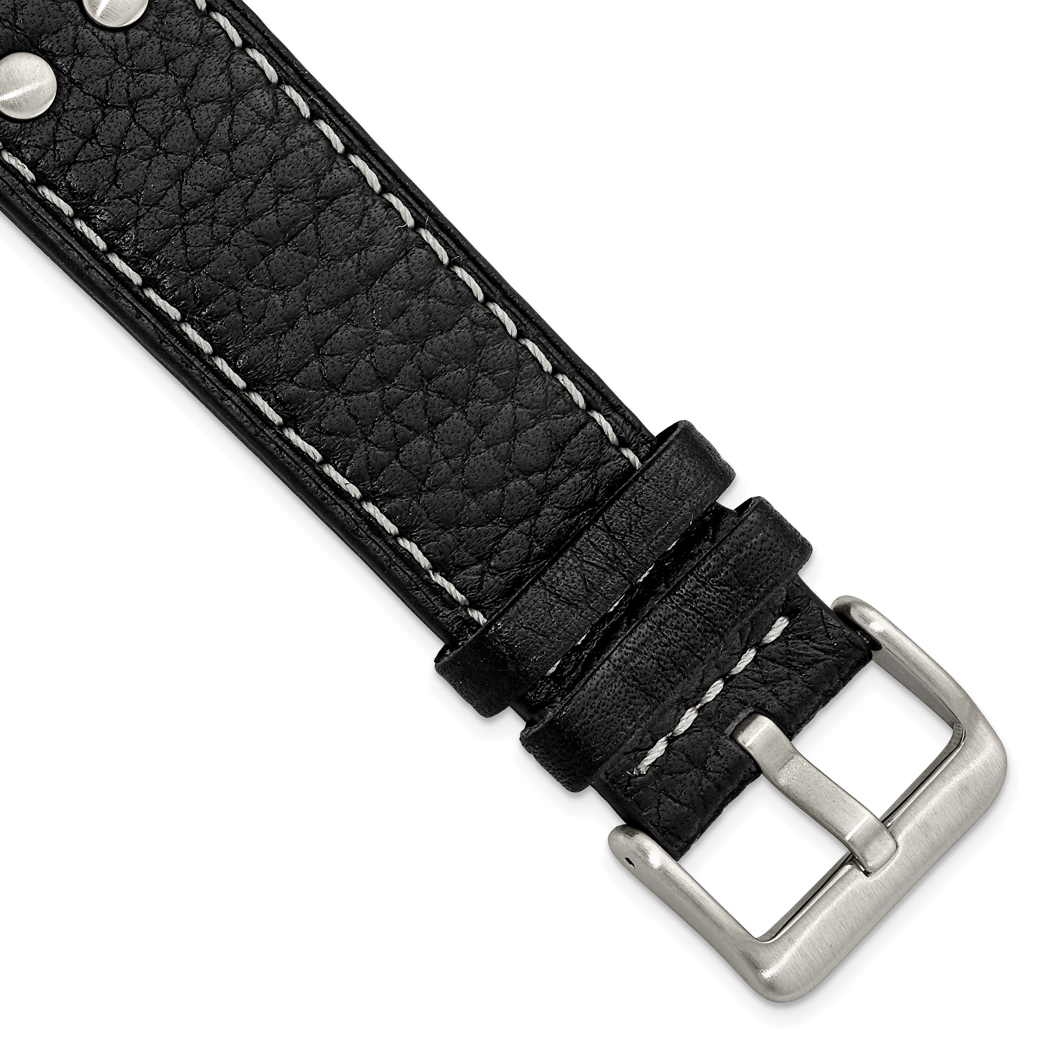 Gilden 24mm Black Flat Stitched Calfskin Leather with Studs and Stainless Steel Buckle 8 inch Watch Band