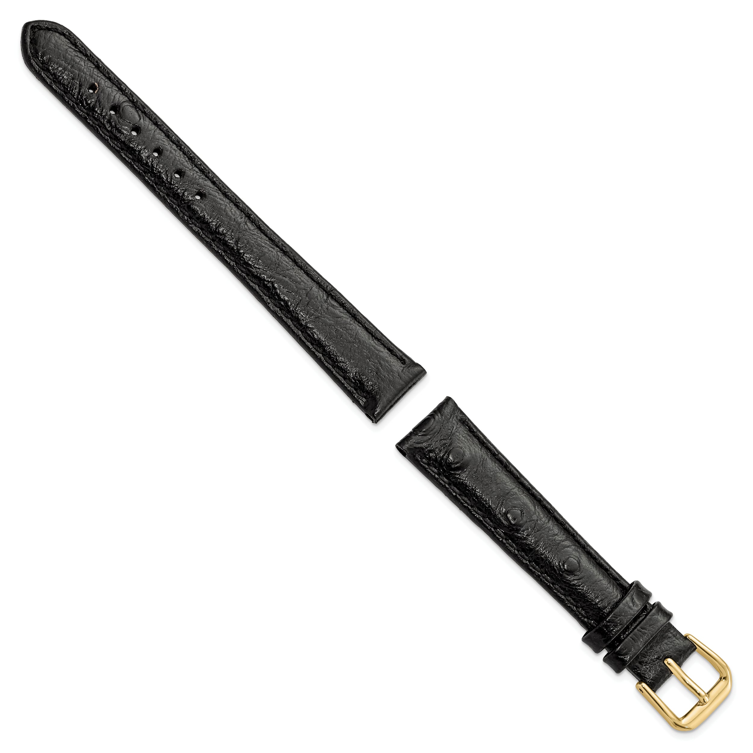 12mm Black Ostrich Grain Leather with Gold-tone Buckle 6.75 inch Watch Band