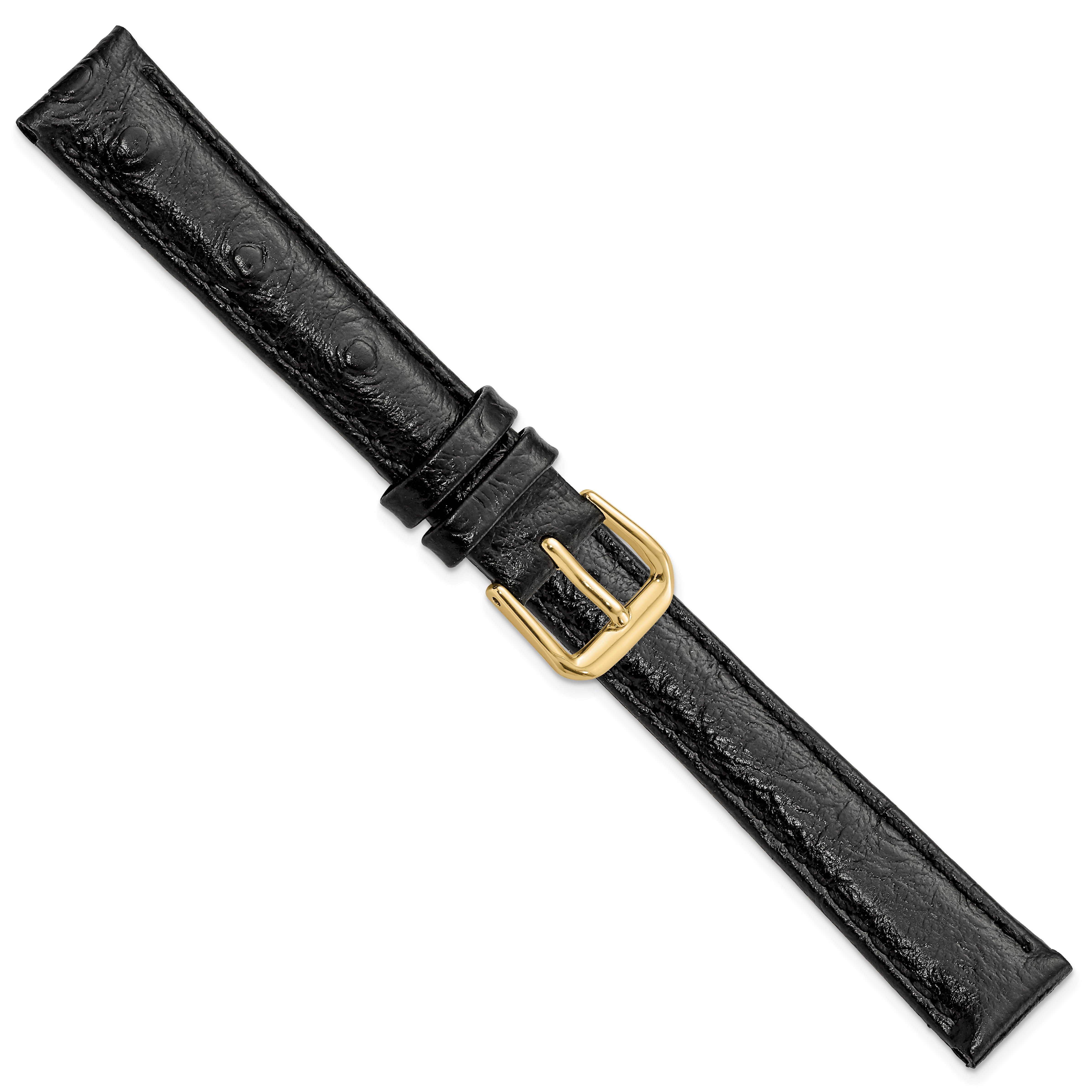 12mm Black Ostrich Grain Leather with Gold-tone Buckle 6.75 inch Watch Band