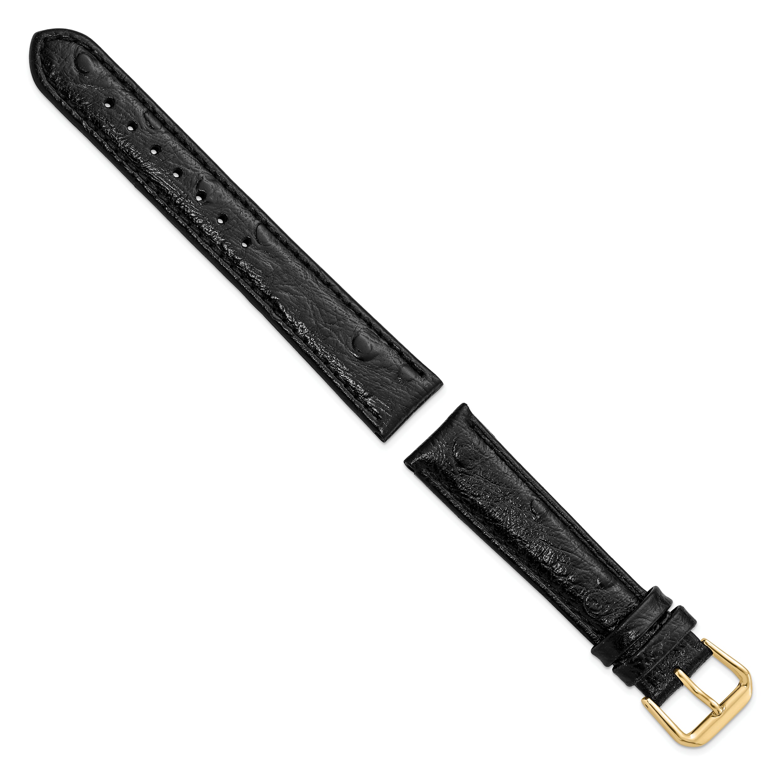 12mm Black Ostrich Grain Leather with Gold-tone Buckle 6.75 inch Watch Band