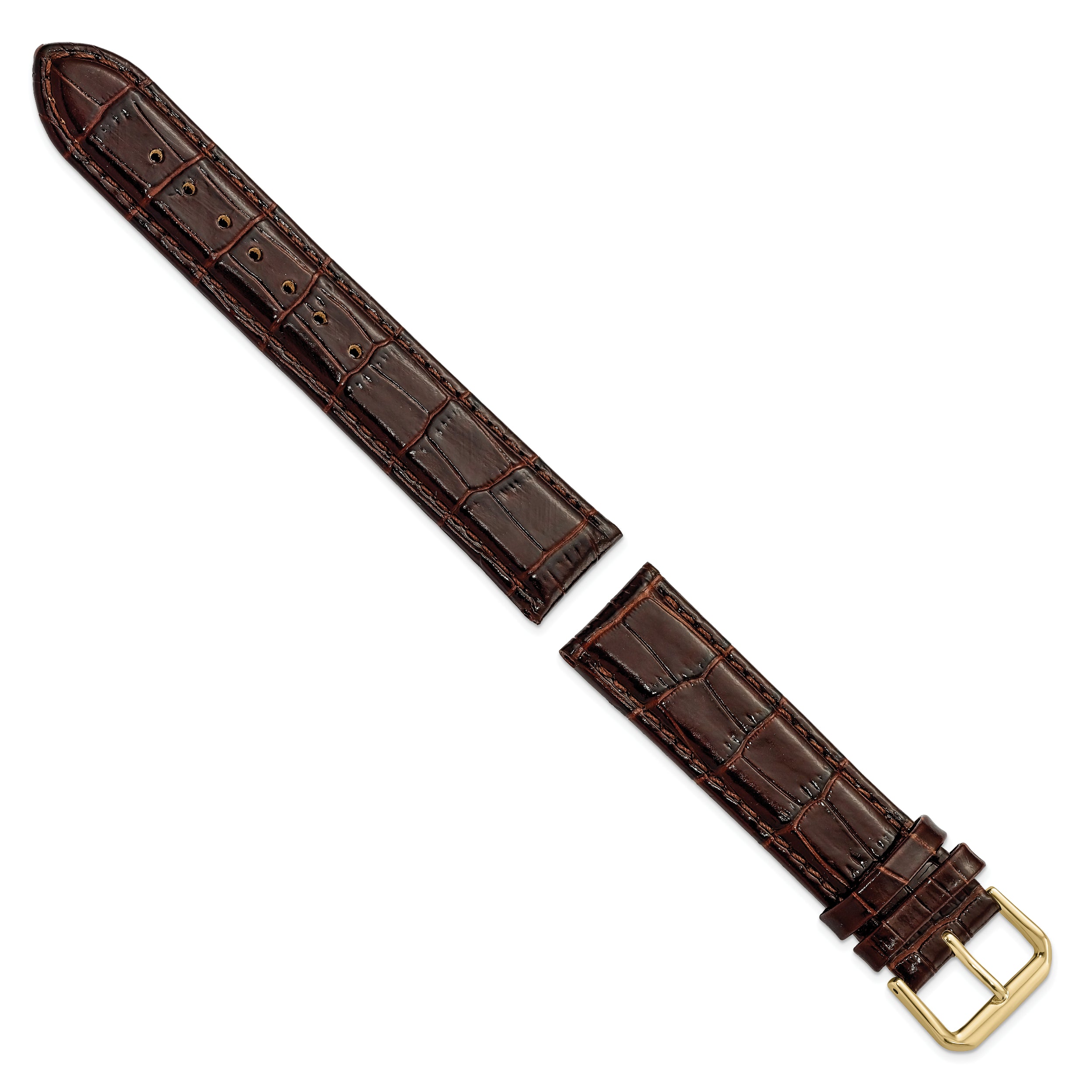 10mm Brown Crocodile Grain Leather with Dark Stitching and Gold-tone Buckle 6.75 inch Watch Band