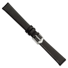 12mm Smooth Flat Black Leather with Silver-tone Buckle 6.75 inch Watch Band