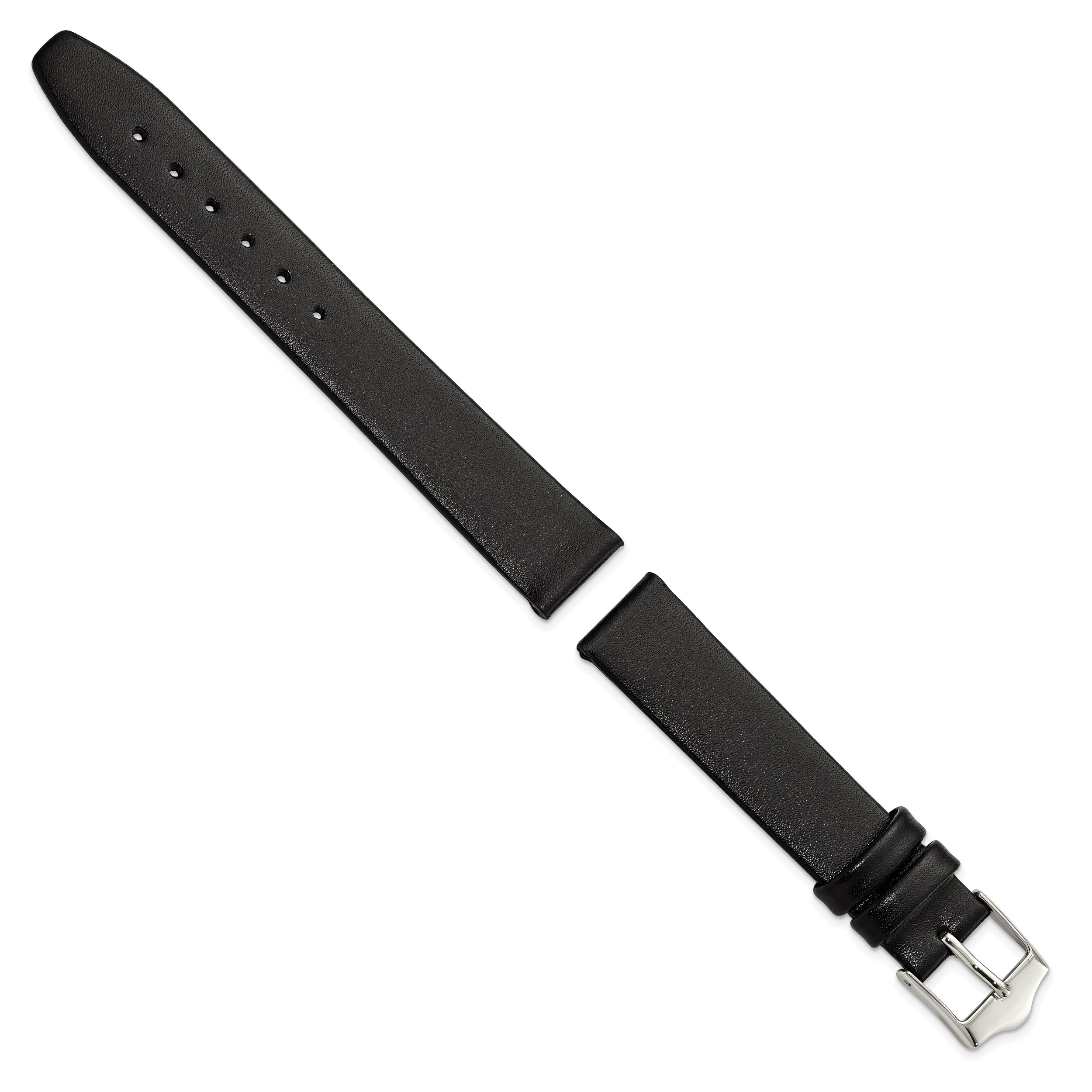 12mm Smooth Flat Black Leather with Silver-tone Buckle 6.75 inch Watch Band