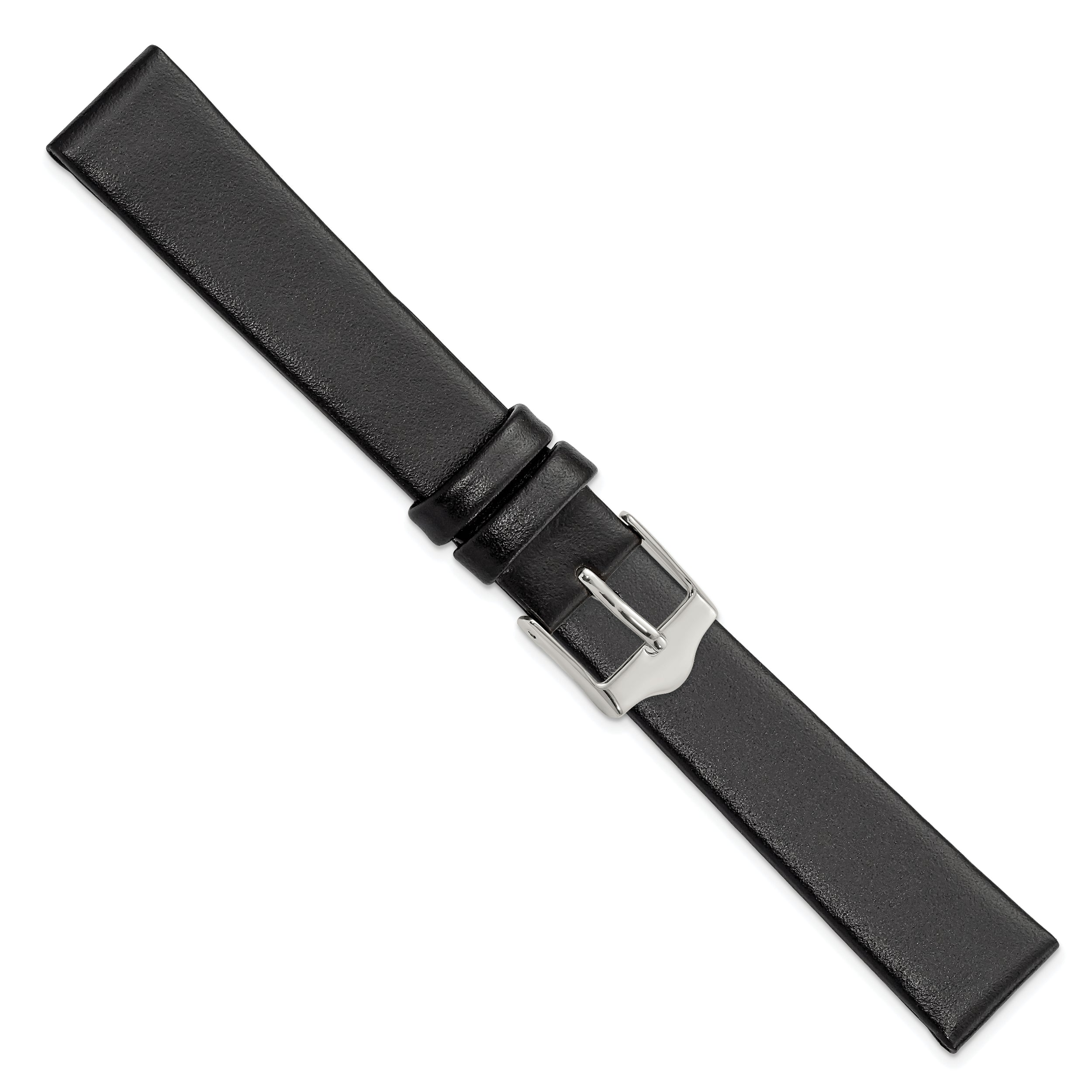 12mm Smooth Flat Black Leather with Silver-tone Buckle 6.75 inch Watch Band