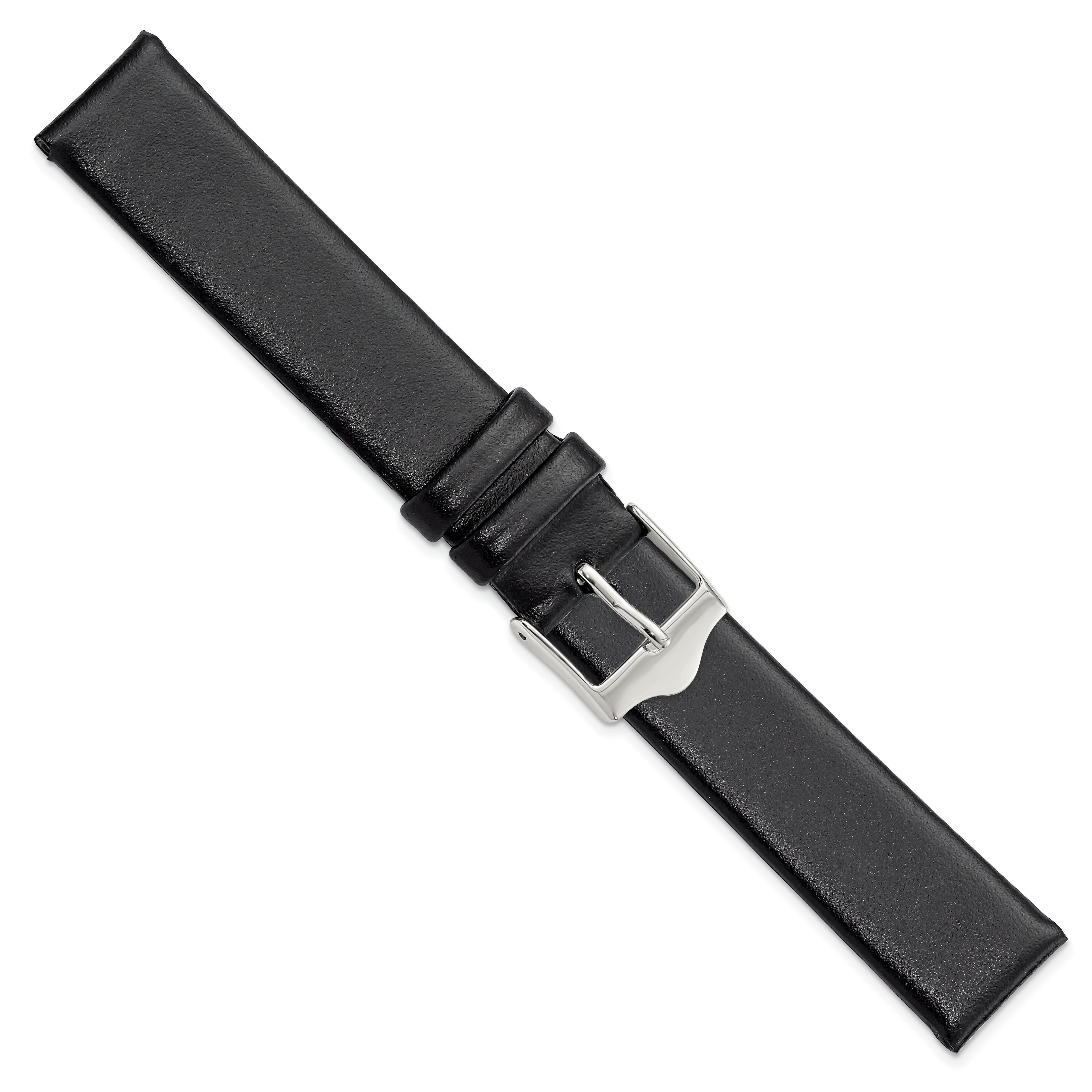 12mm Smooth Flat Black Leather with Silver-tone Buckle 6.75 inch Watch Band