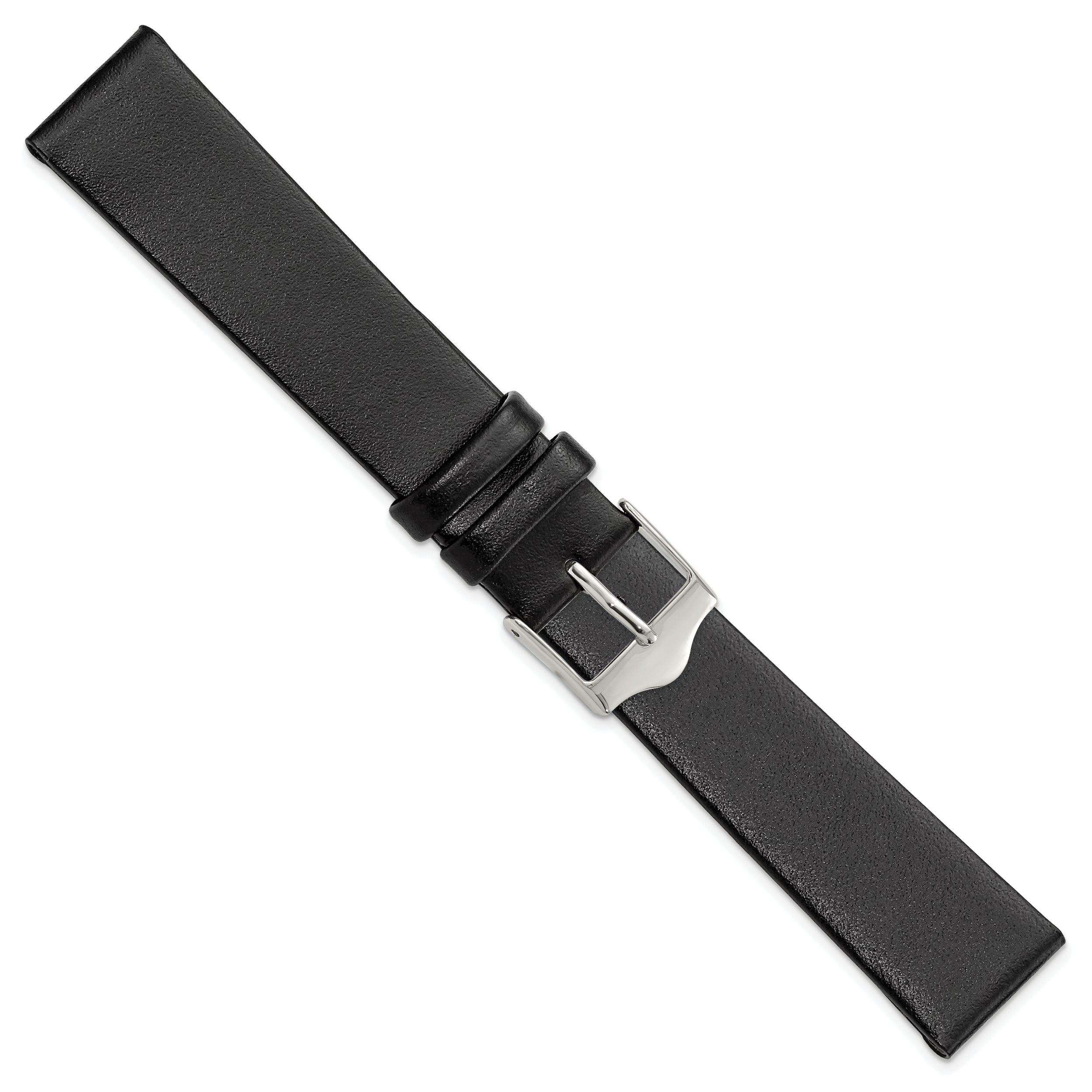 12mm Smooth Flat Black Leather with Silver-tone Buckle 6.75 inch Watch Band