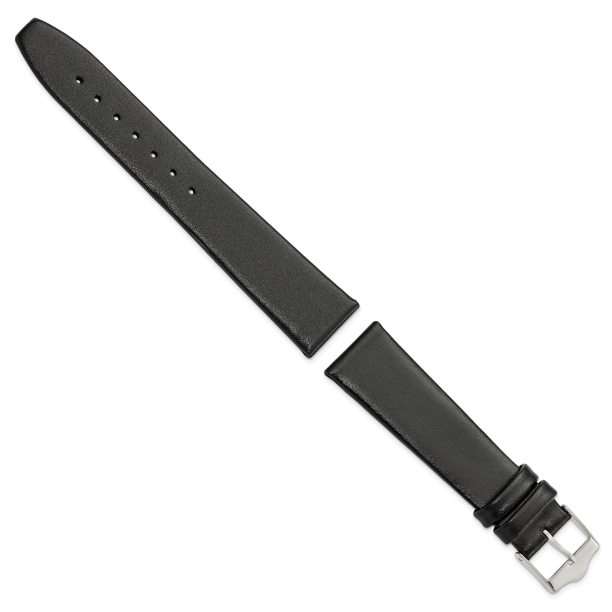 12mm Smooth Flat Black Leather with Silver-tone Buckle 6.75 inch Watch Band