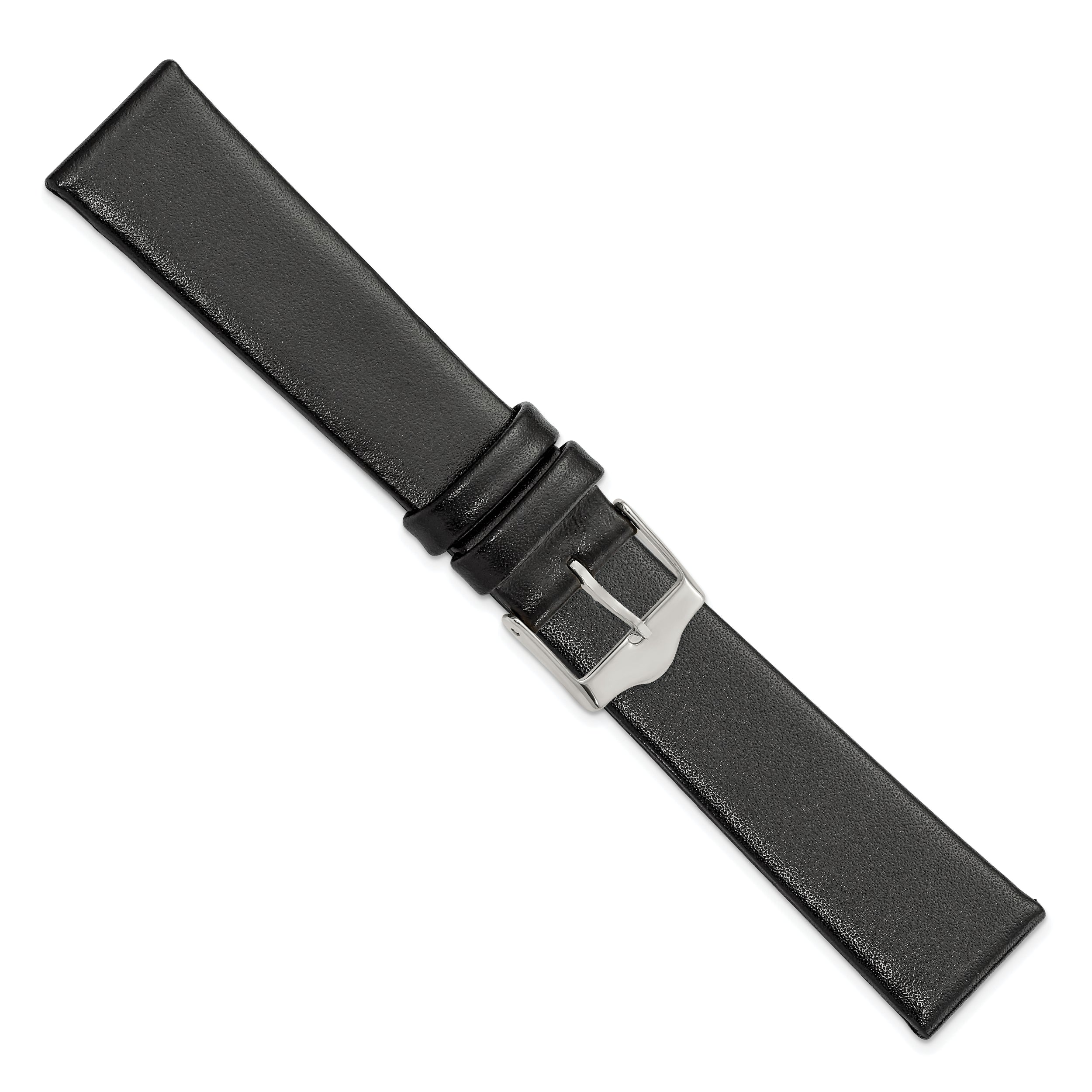 12mm Smooth Flat Black Leather with Silver-tone Buckle 6.75 inch Watch Band