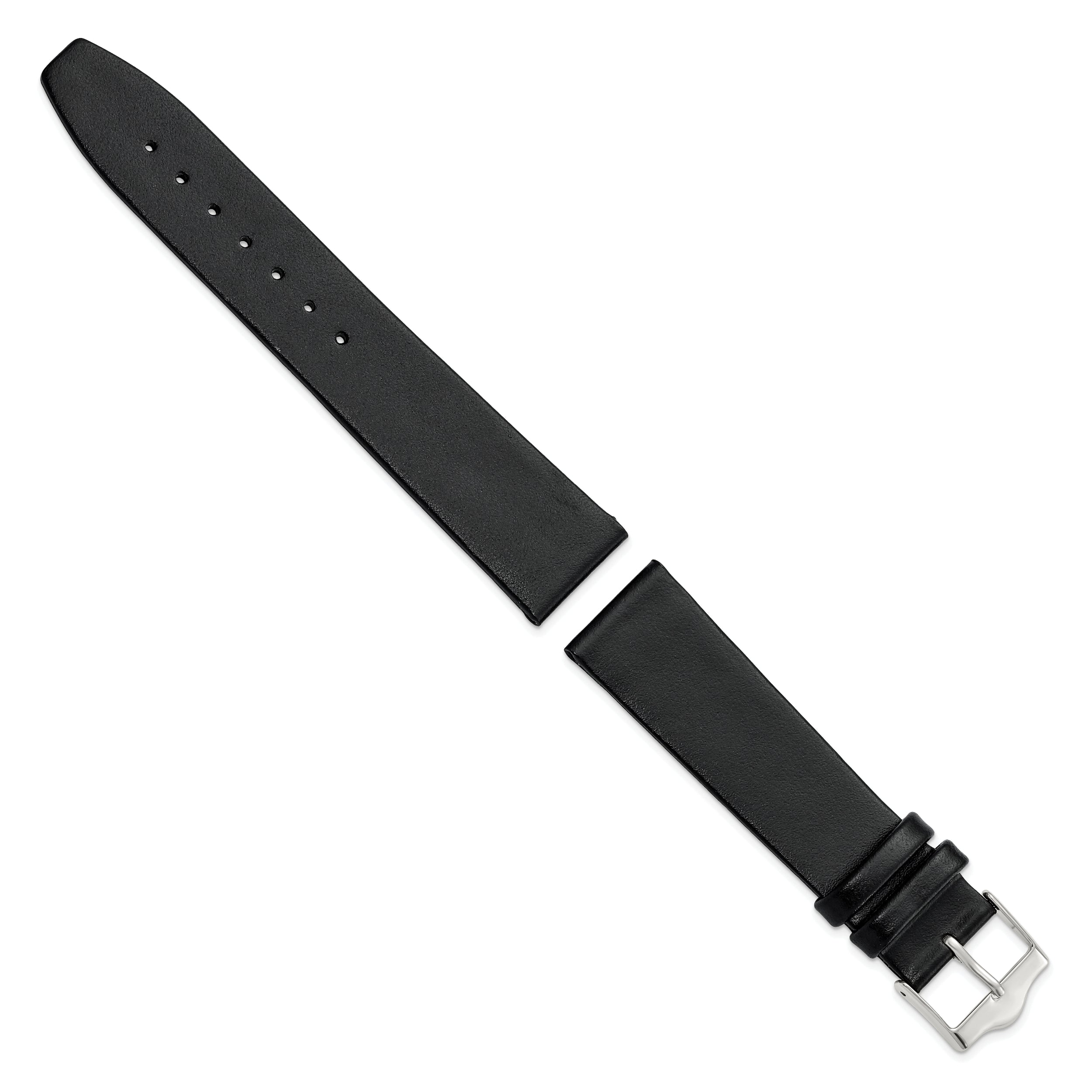 12mm Smooth Flat Black Leather with Silver-tone Buckle 6.75 inch Watch Band