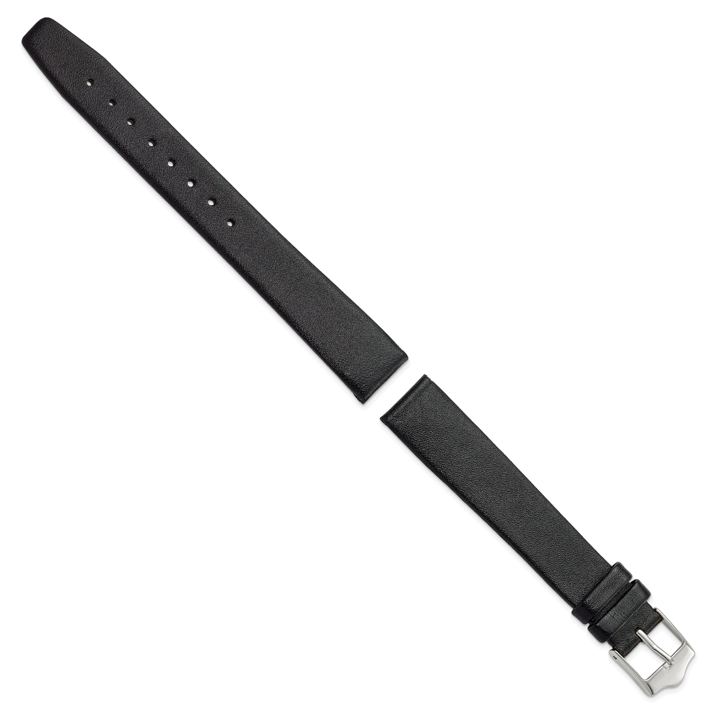 16mm Black Long Smooth Flat Leather with Silver-tone Buckle 8.5 inch Watch Band