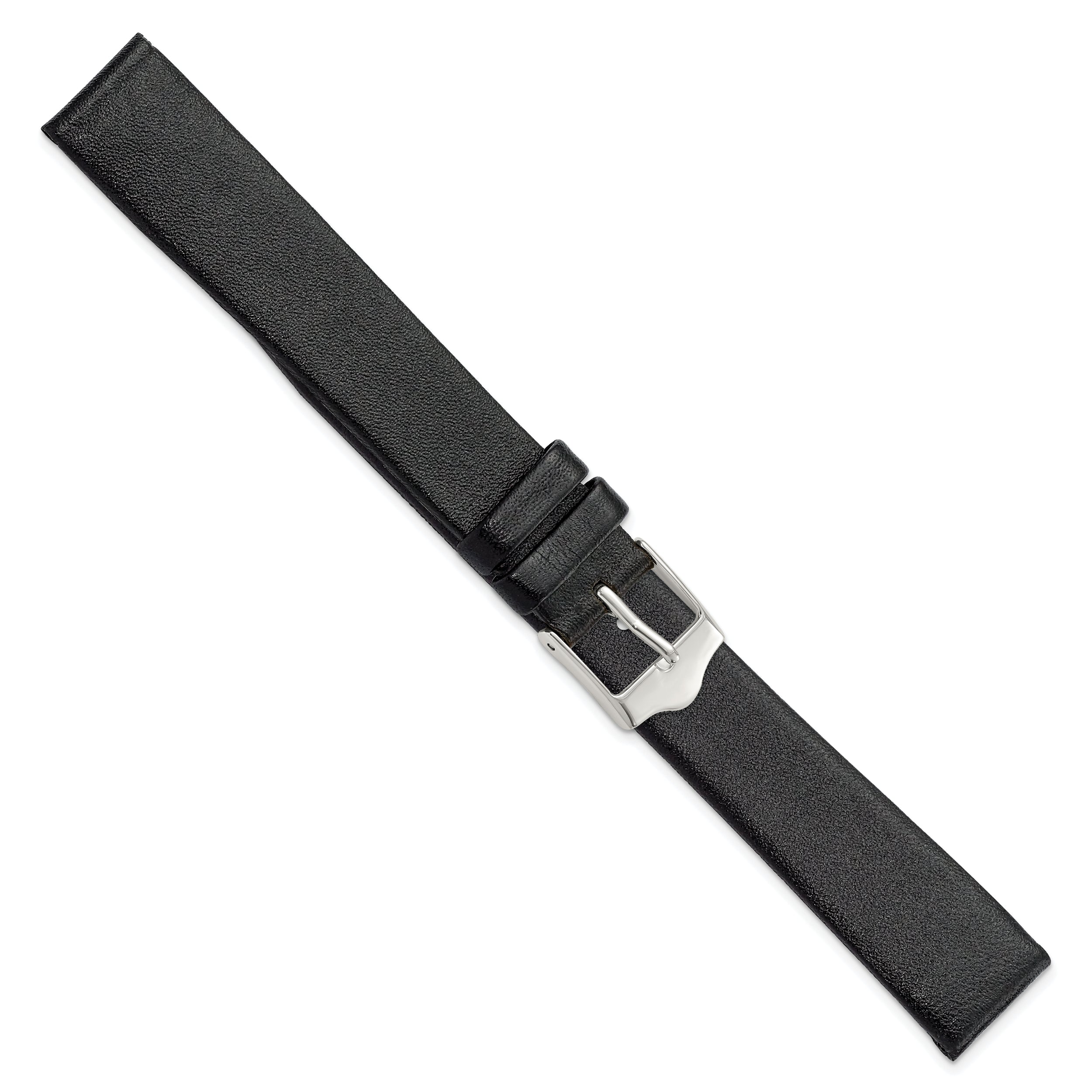 16mm Black Long Smooth Flat Leather with Silver-tone Buckle 8.5 inch Watch Band