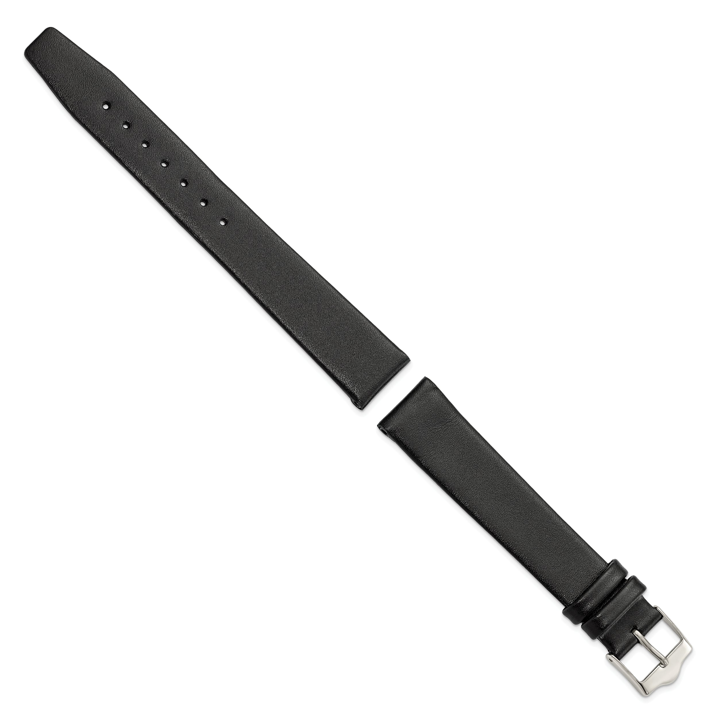 16mm Black Long Smooth Flat Leather with Silver-tone Buckle 8.5 inch Watch Band