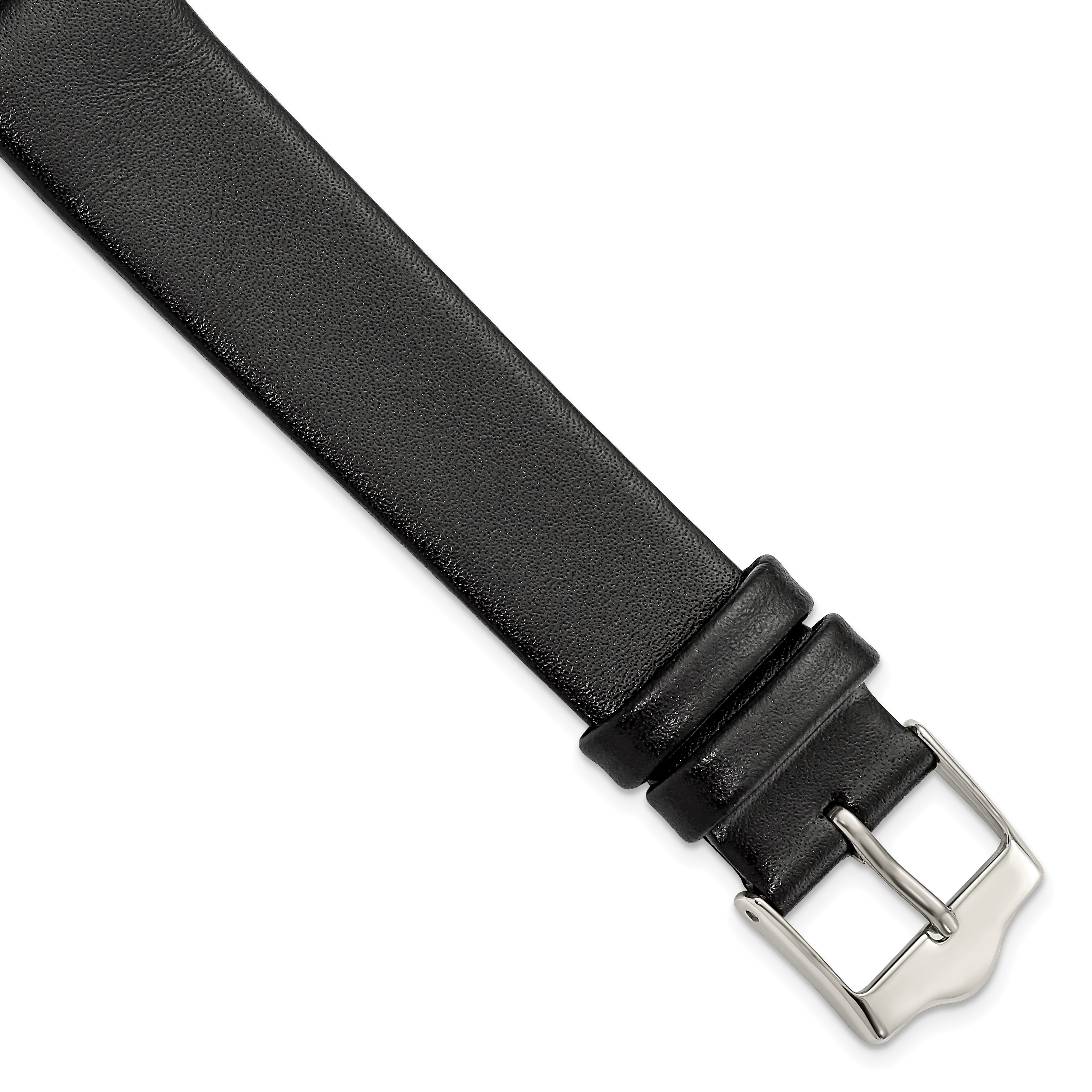 DeBeer 18mm Black Long Smooth Flat Leather with Silver-tone Buckle 8.5 inch Watch Band