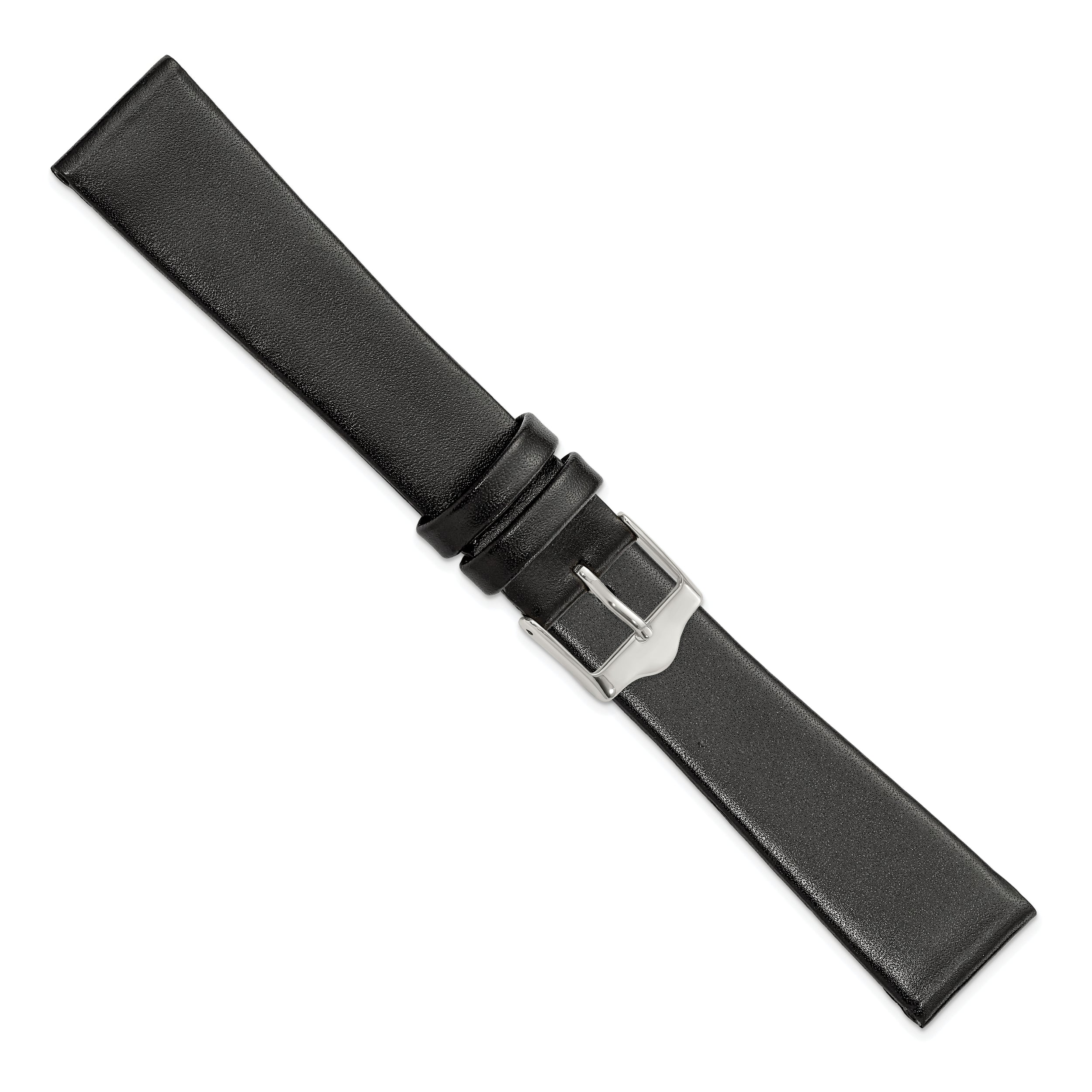 16mm Black Long Smooth Flat Leather with Silver-tone Buckle 8.5 inch Watch Band