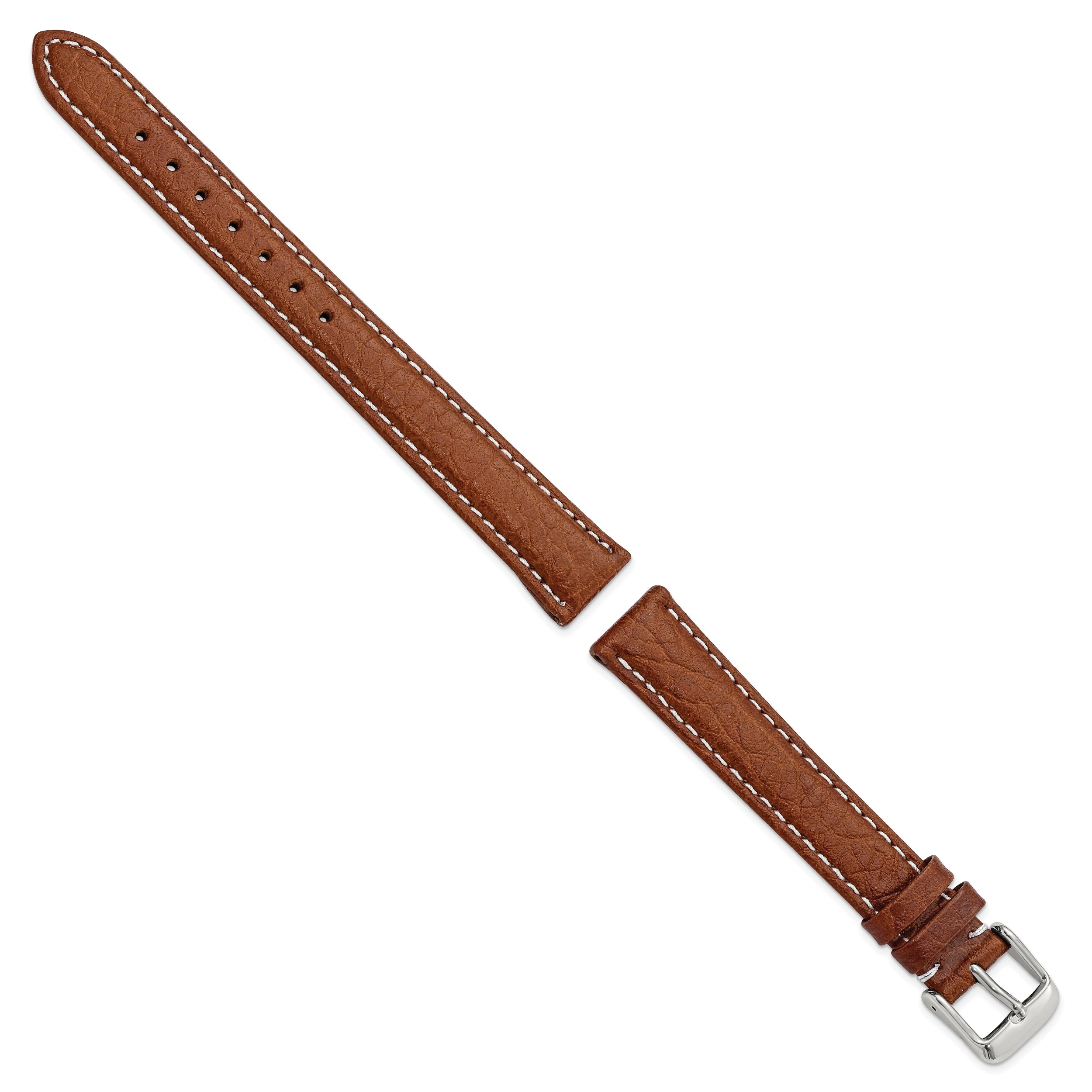 16mm Long Havana Sport Leather with White Stitching and Silver-tone Buckle 8.5 inch Watch Band