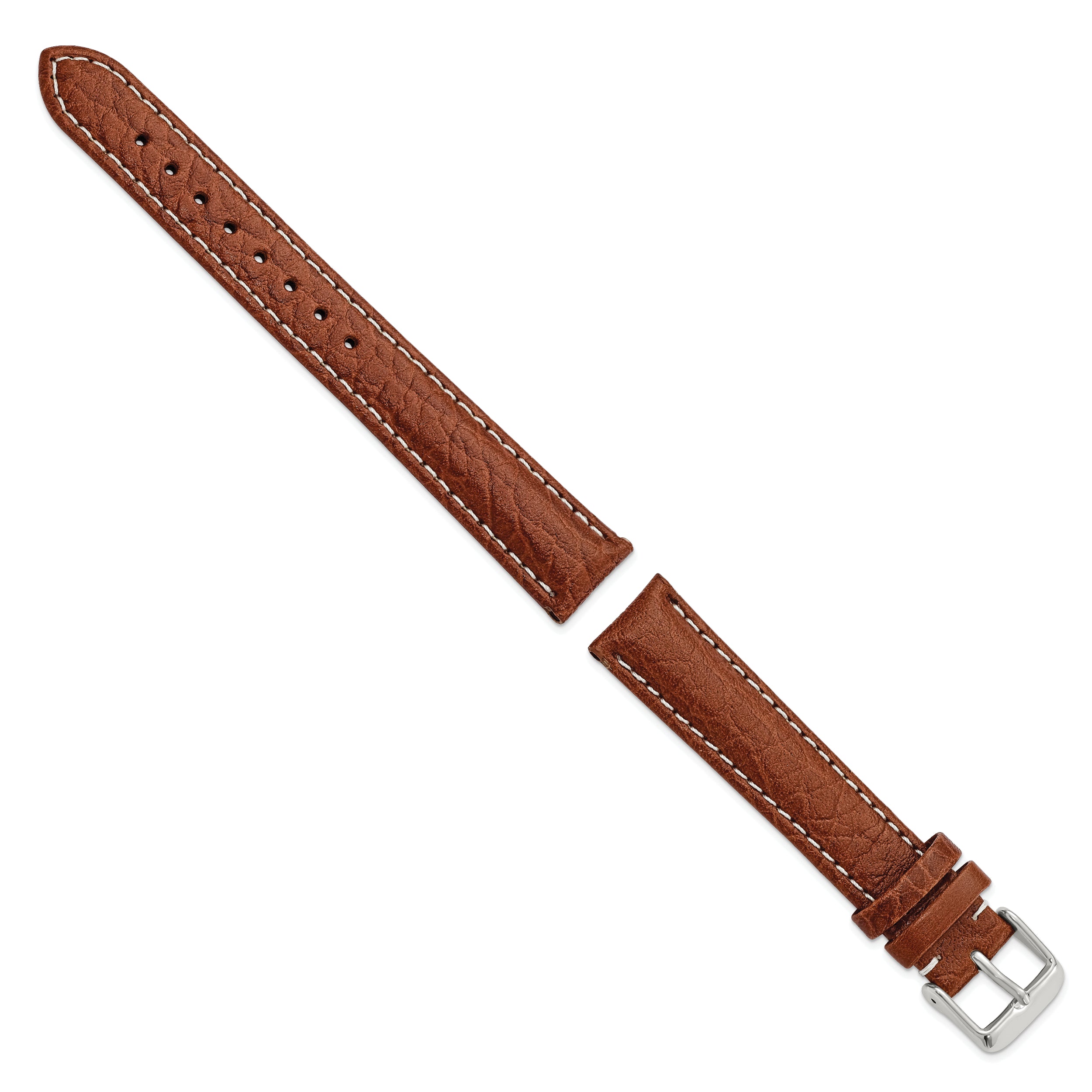 16mm Long Havana Sport Leather with White Stitching and Silver-tone Buckle 8.5 inch Watch Band