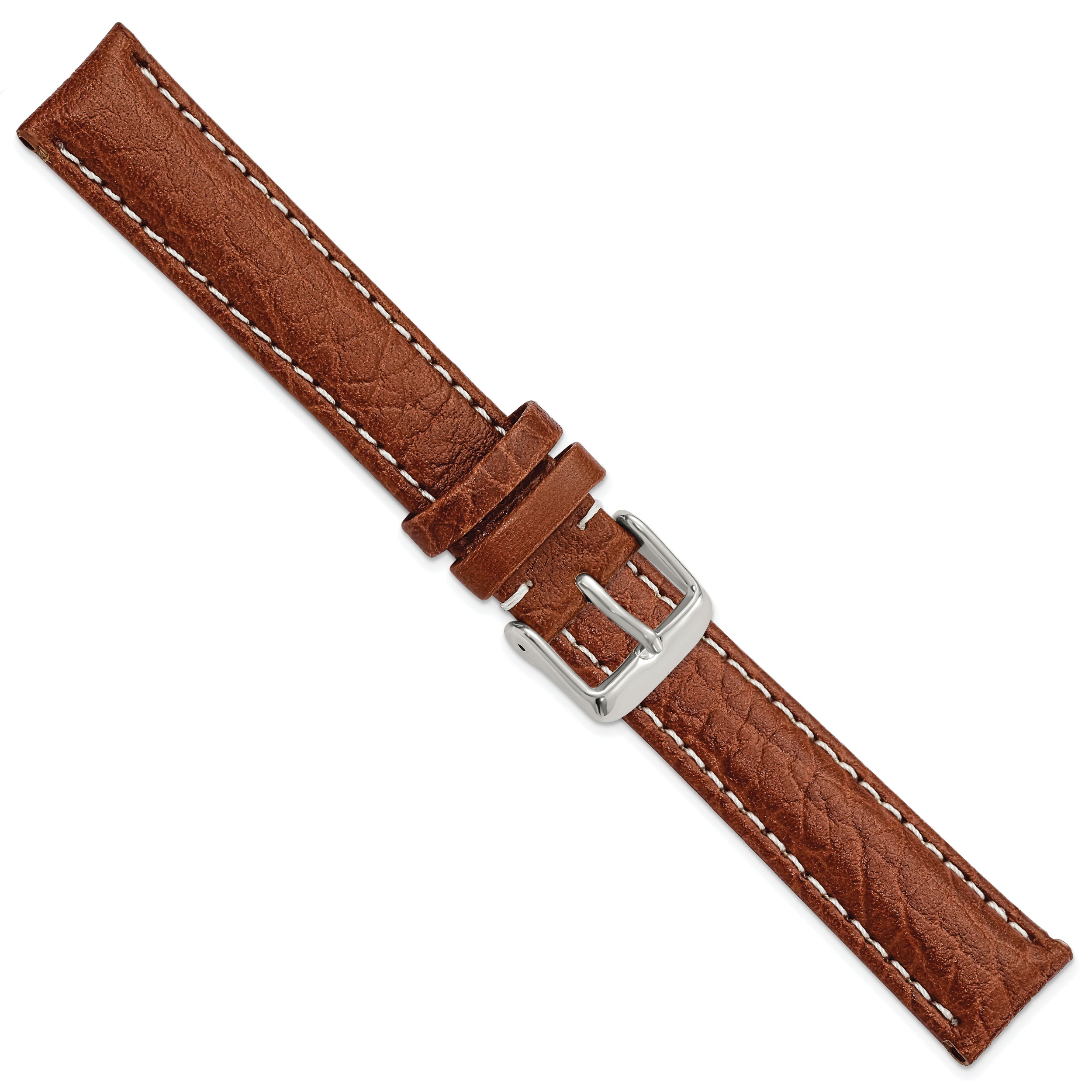 16mm Long Havana Sport Leather with White Stitching and Silver-tone Buckle 8.5 inch Watch Band