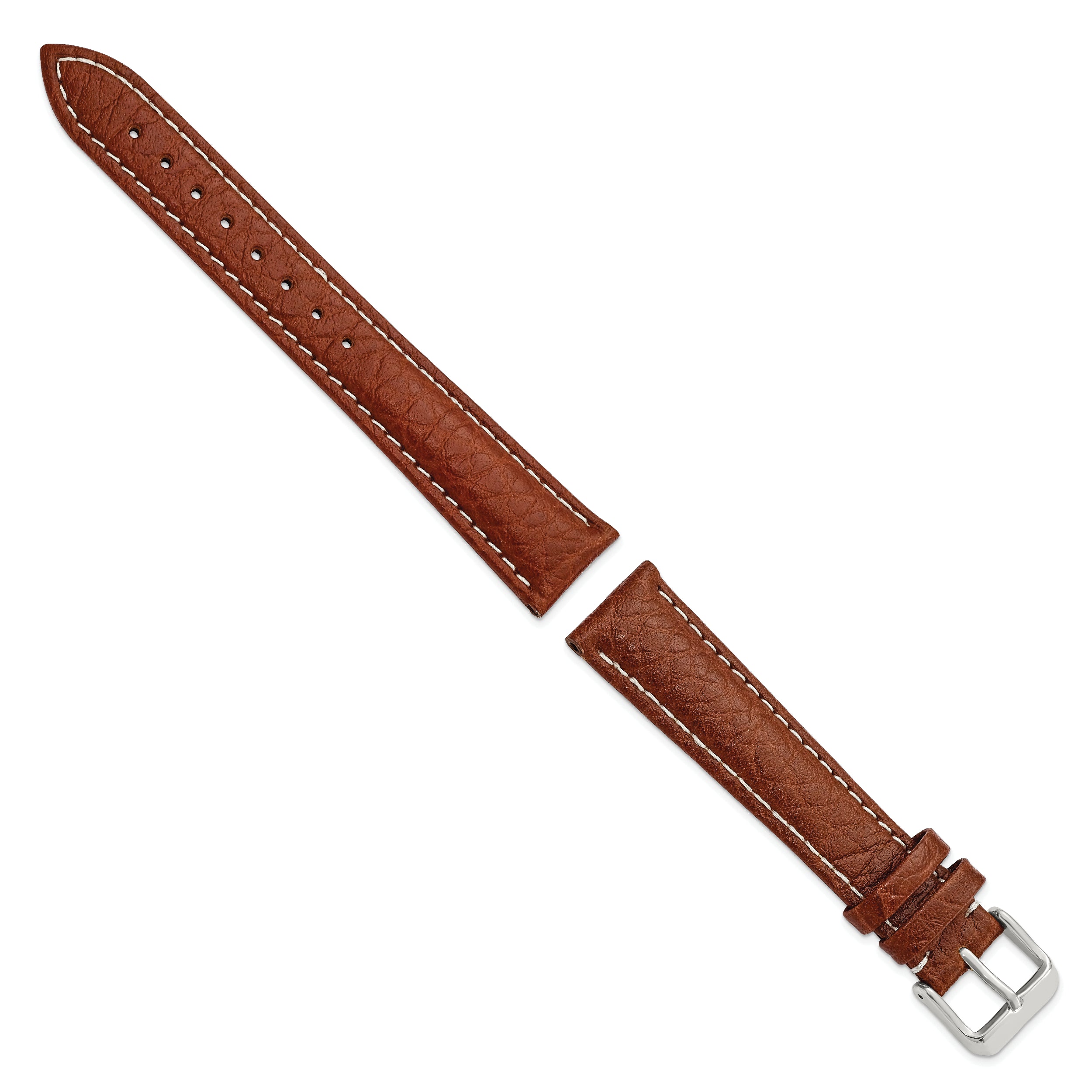 16mm Long Havana Sport Leather with White Stitching and Silver-tone Buckle 8.5 inch Watch Band