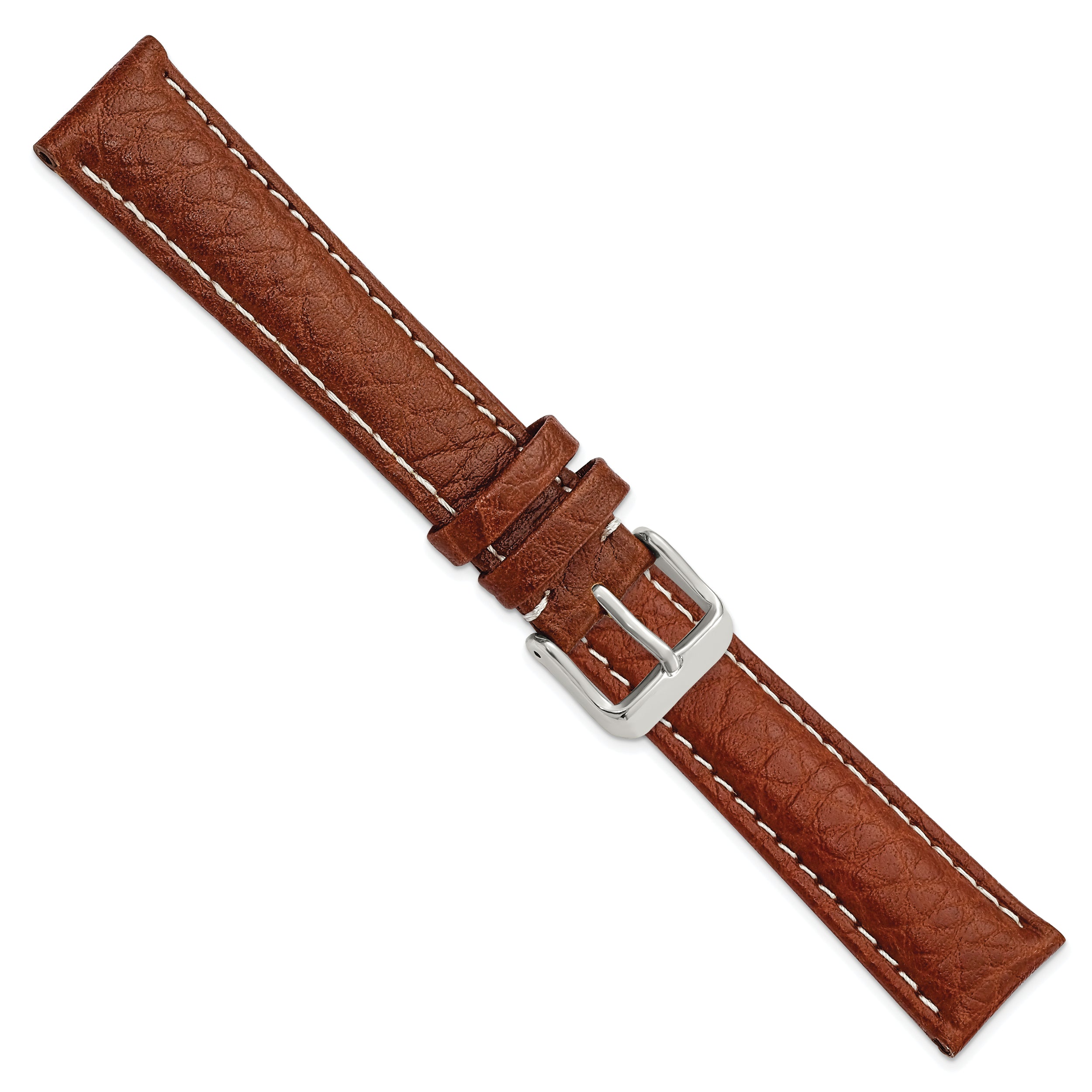 16mm Long Havana Sport Leather with White Stitching and Silver-tone Buckle 8.5 inch Watch Band