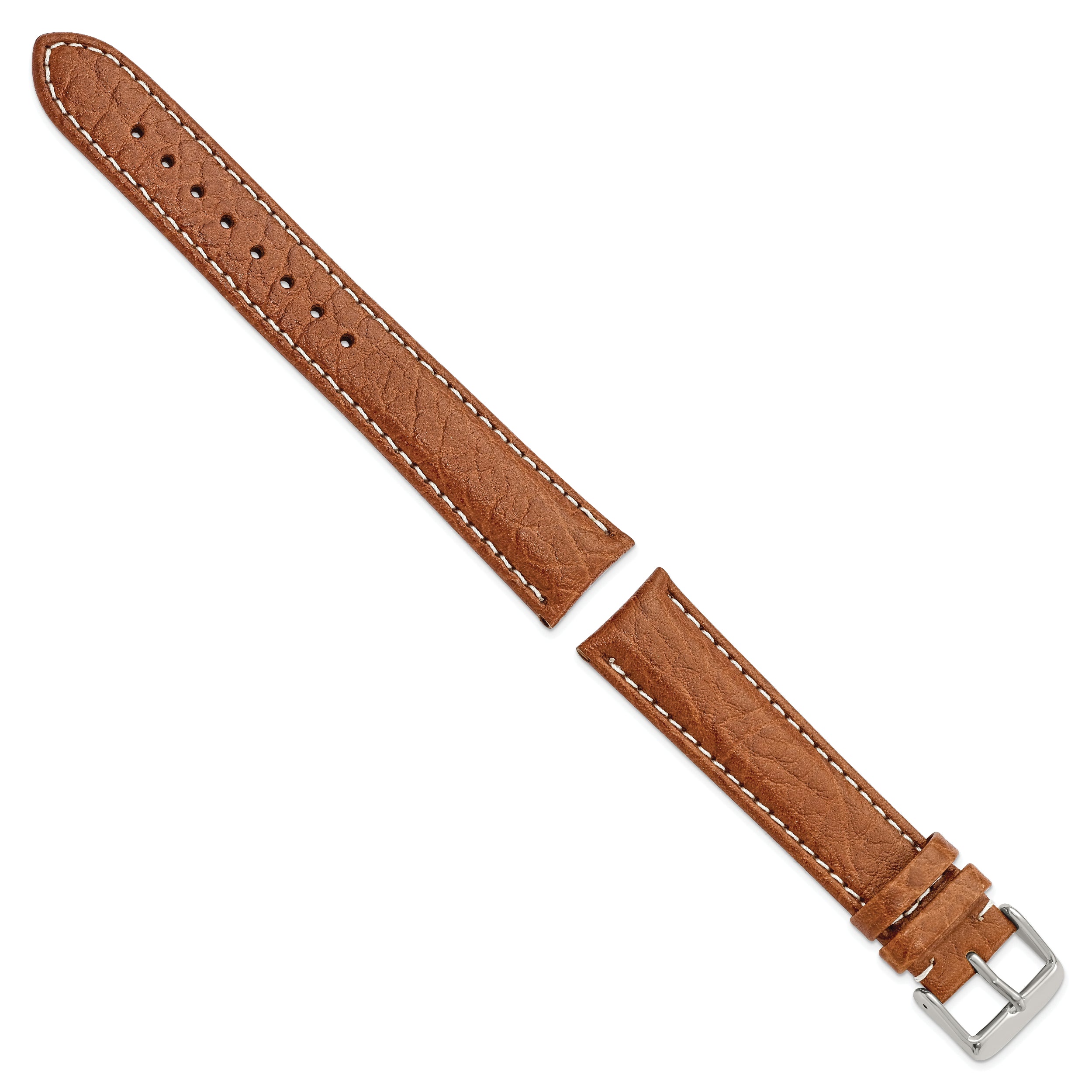 16mm Long Havana Sport Leather with White Stitching and Silver-tone Buckle 8.5 inch Watch Band