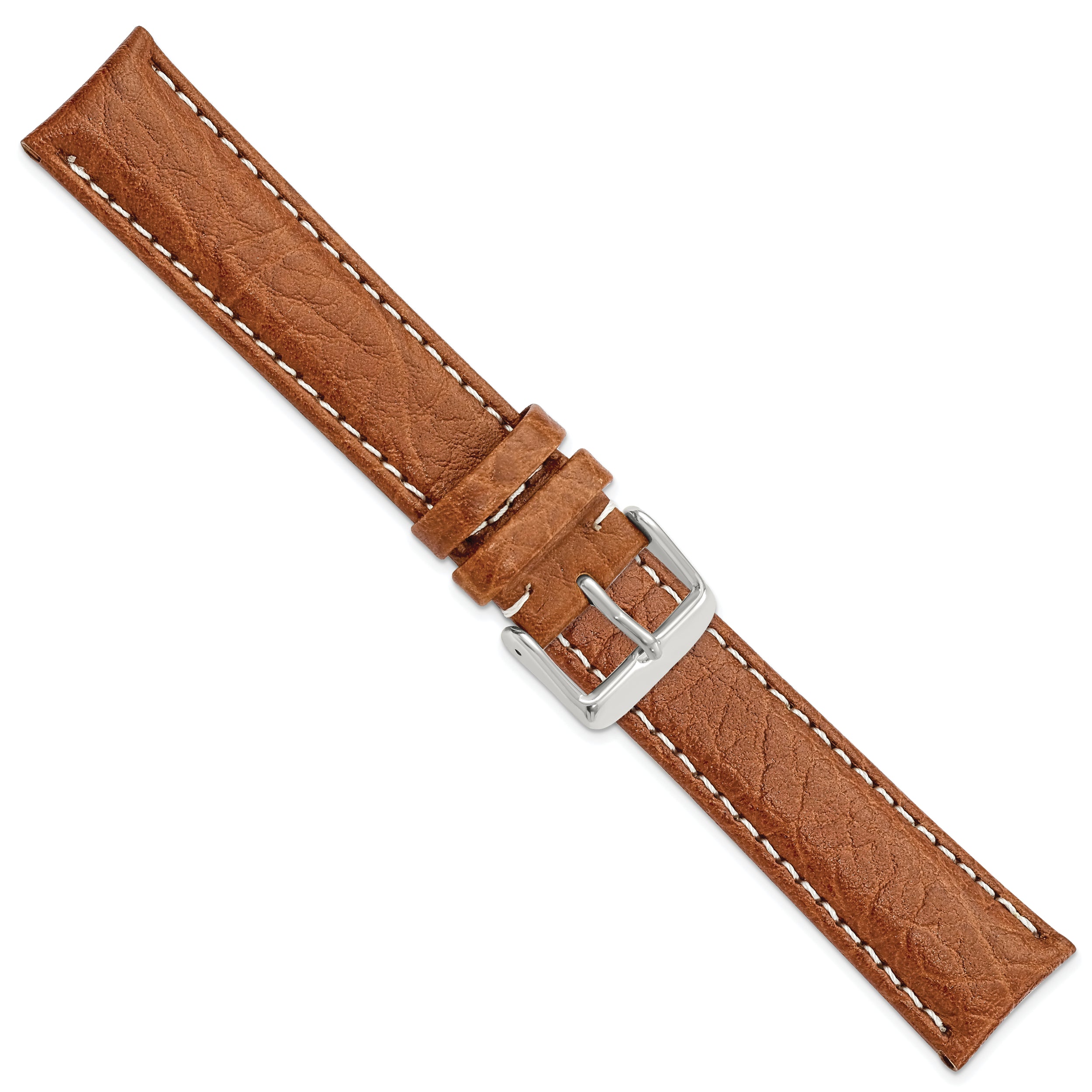 16mm Long Havana Sport Leather with White Stitching and Silver-tone Buckle 8.5 inch Watch Band