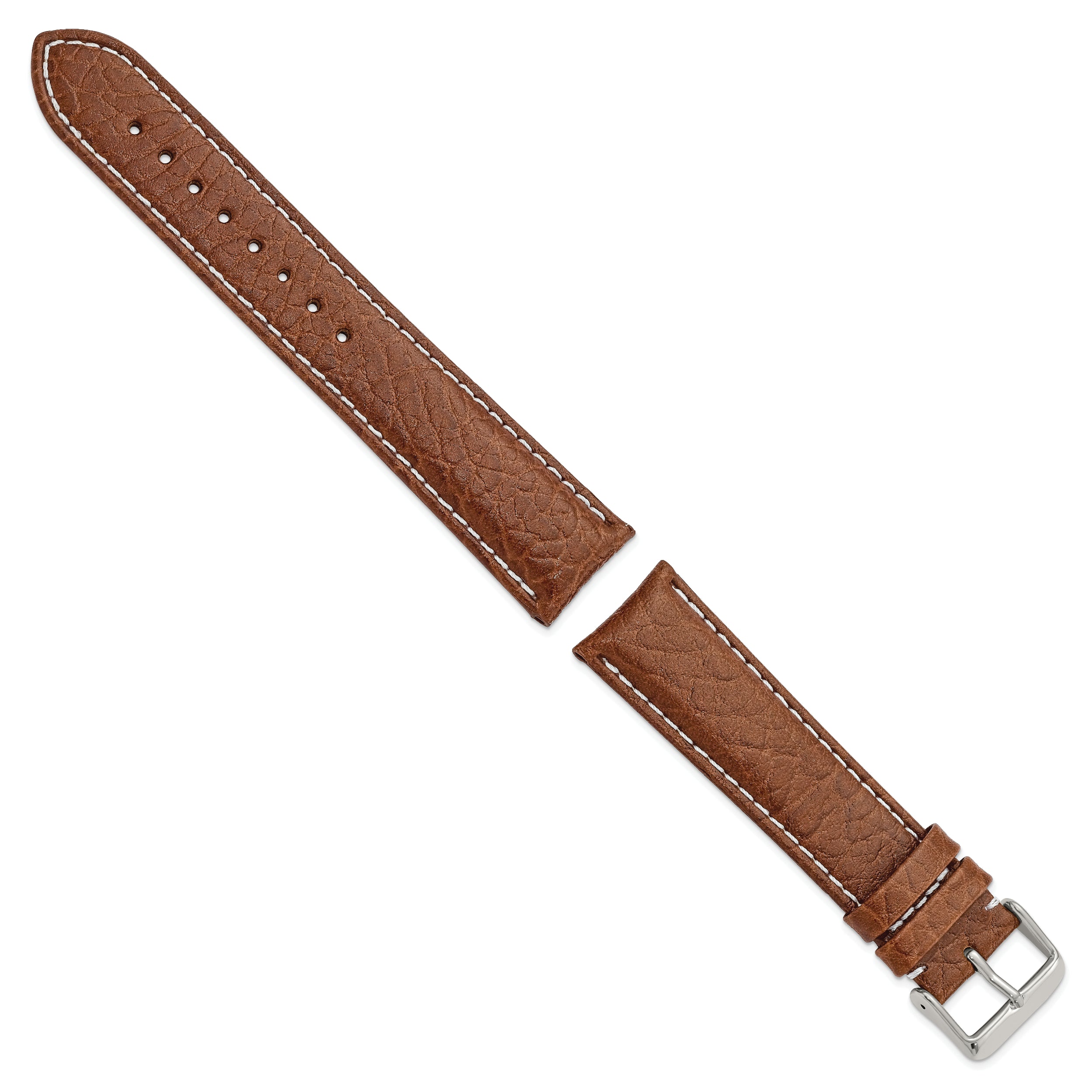 16mm Long Havana Sport Leather with White Stitching and Silver-tone Buckle 8.5 inch Watch Band