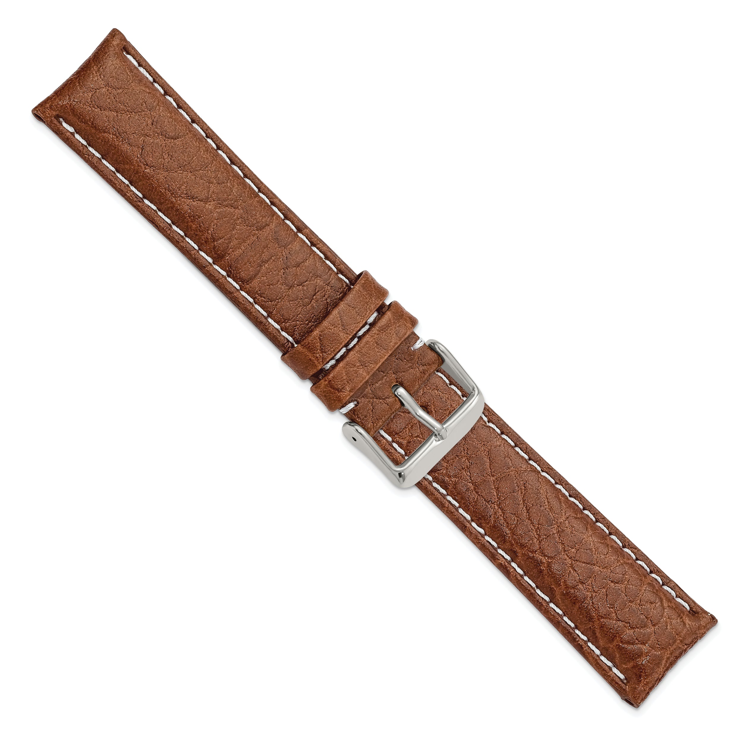 16mm Long Havana Sport Leather with White Stitching and Silver-tone Buckle 8.5 inch Watch Band