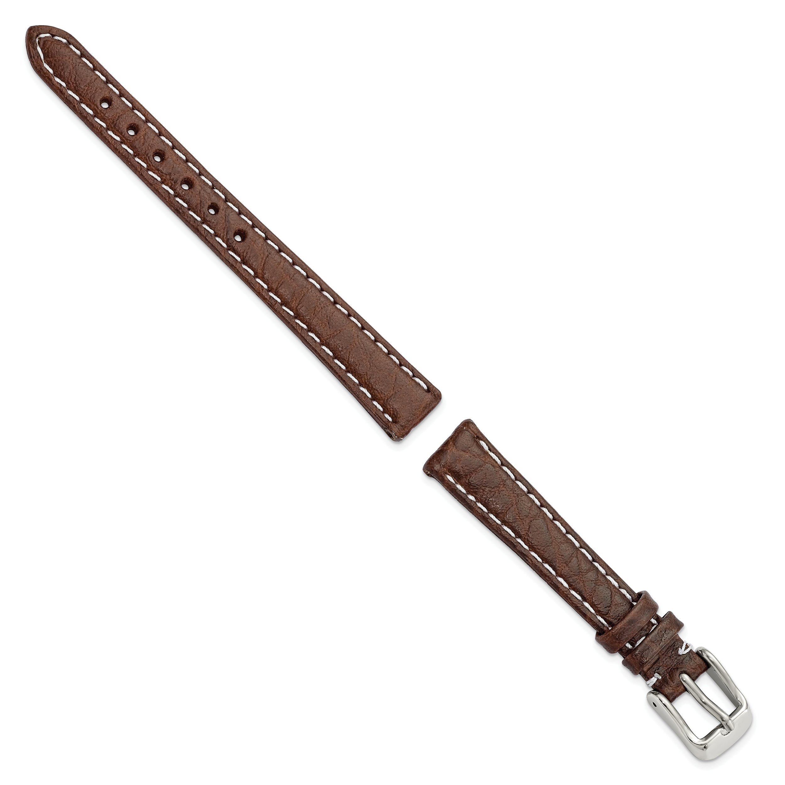 12mm Dark Brown Sport Leather with White Stitching and Silver-tone Buckle 6.75 inch Watch Band