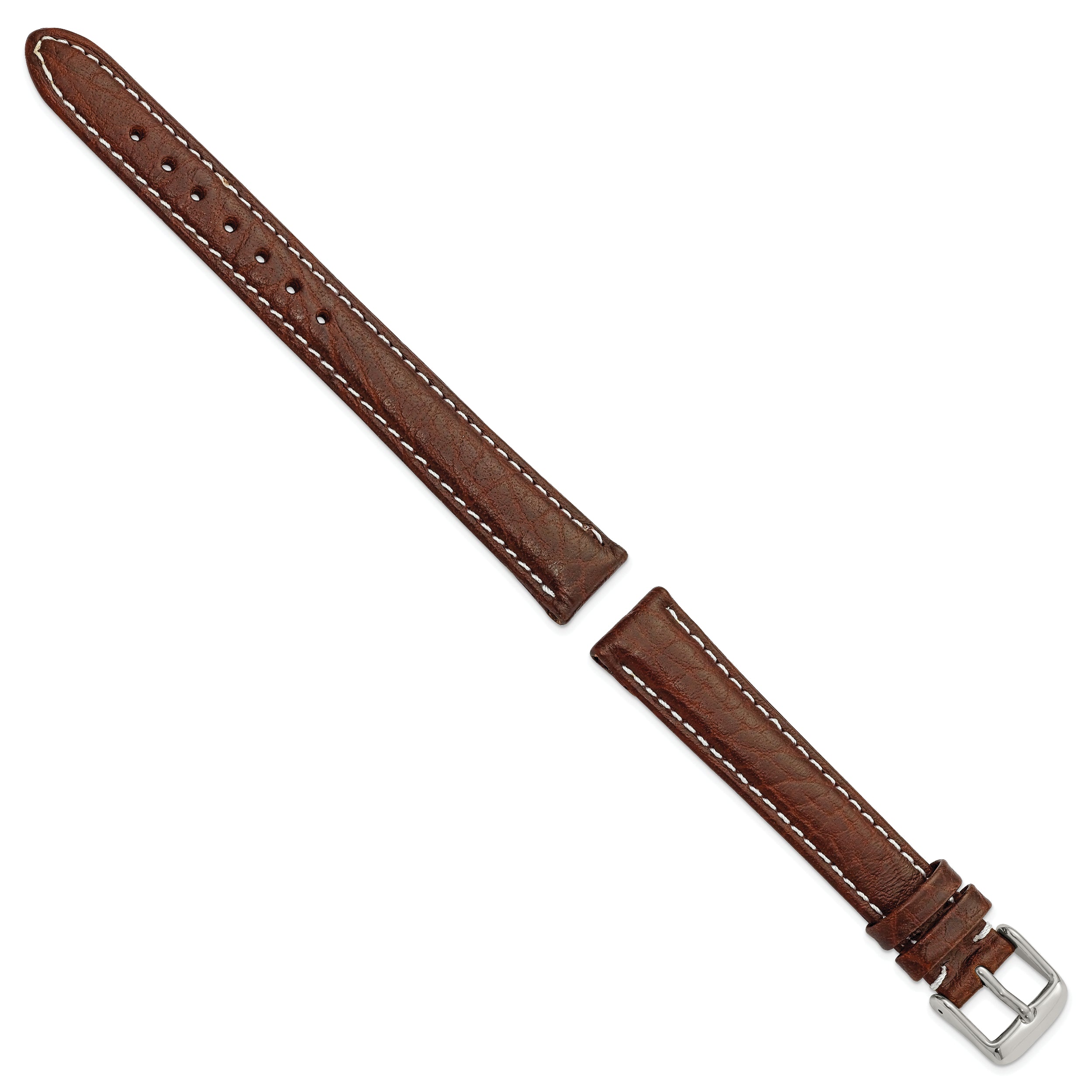 16mm Long Dark Brown Leather with White Stitching and Silver-tone Buckle 8.5 inch Watch Band