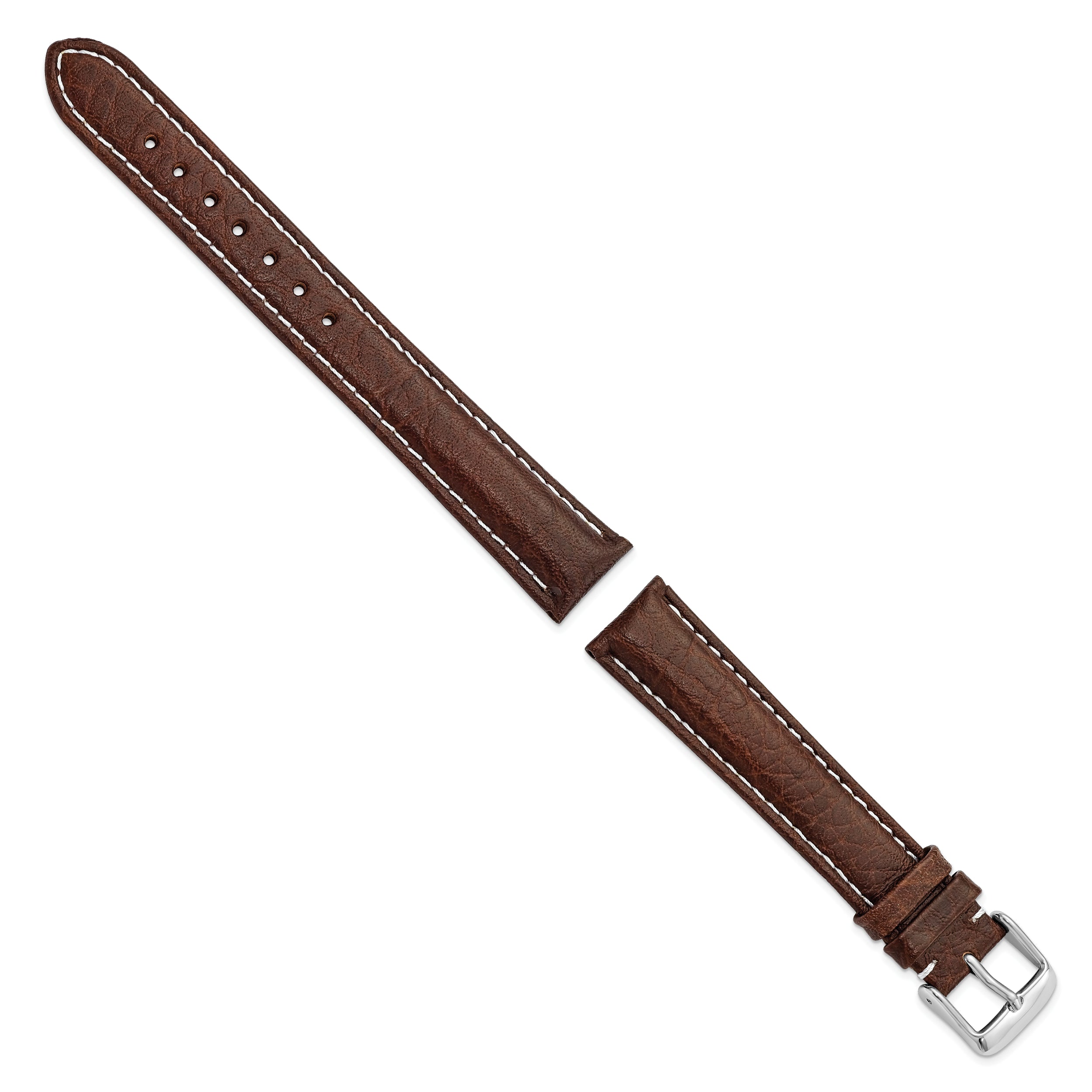 16mm Long Dark Brown Leather with White Stitching and Silver-tone Buckle 8.5 inch Watch Band