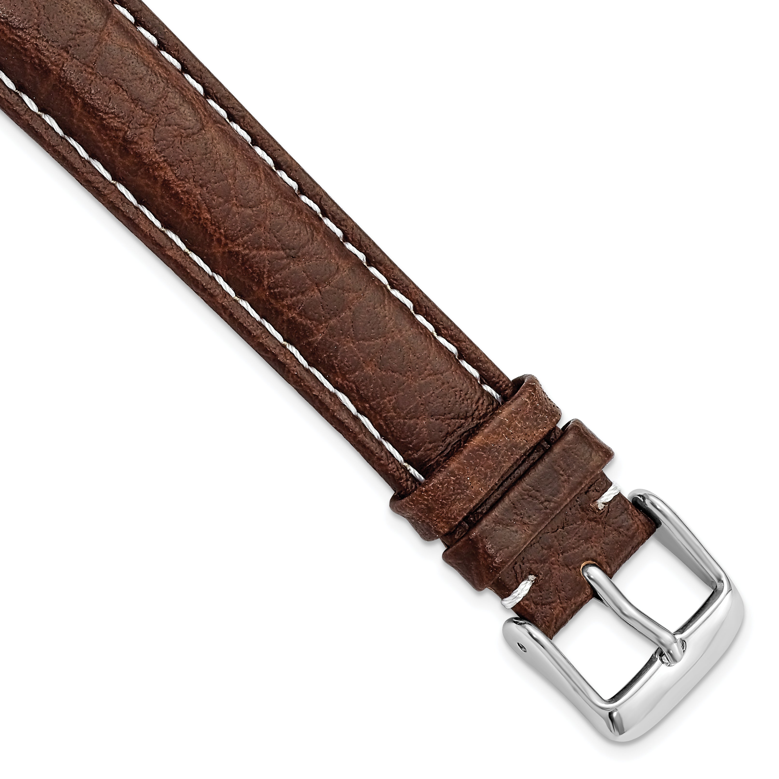 DeBeer 19mm Long Dark Brown Leather with White Stitching and Silver-tone Buckle 8.5 inch Watch Band