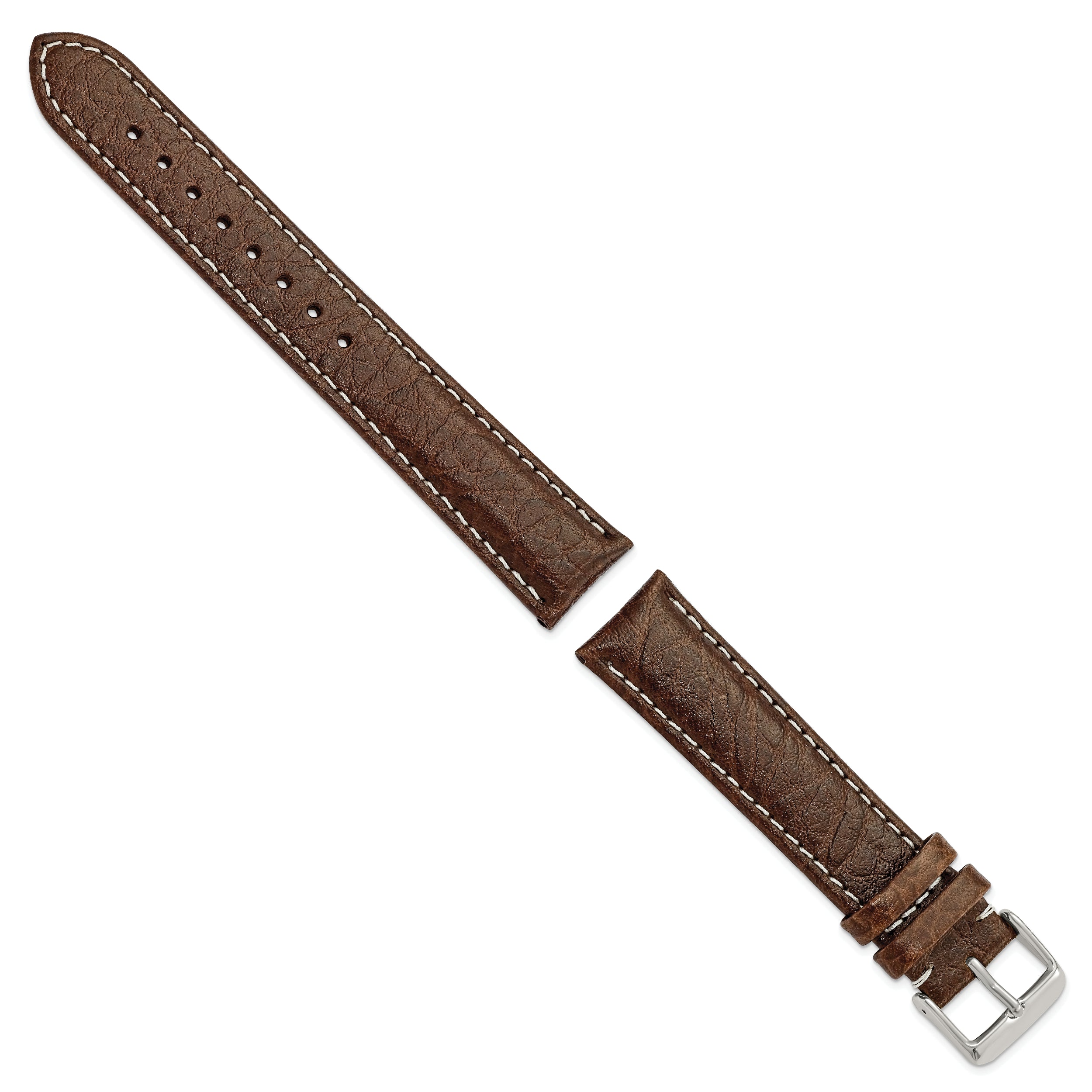 16mm Long Dark Brown Leather with White Stitching and Silver-tone Buckle 8.5 inch Watch Band