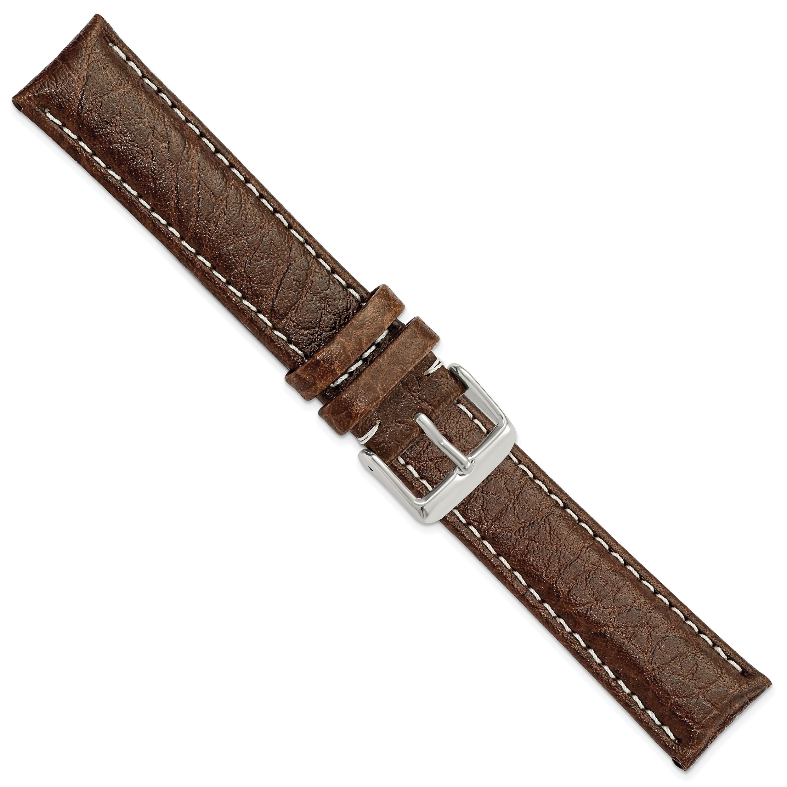 16mm Long Dark Brown Leather with White Stitching and Silver-tone Buckle 8.5 inch Watch Band