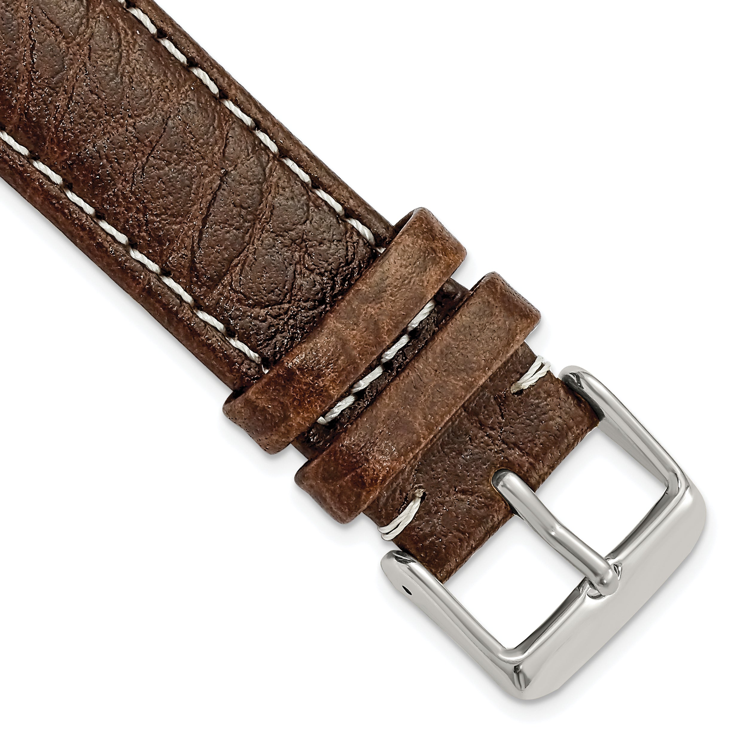 DeBeer 20mm Long Dark Brown Leather with White Stitching and Silver-tone Buckle 8.5 inch Watch Band