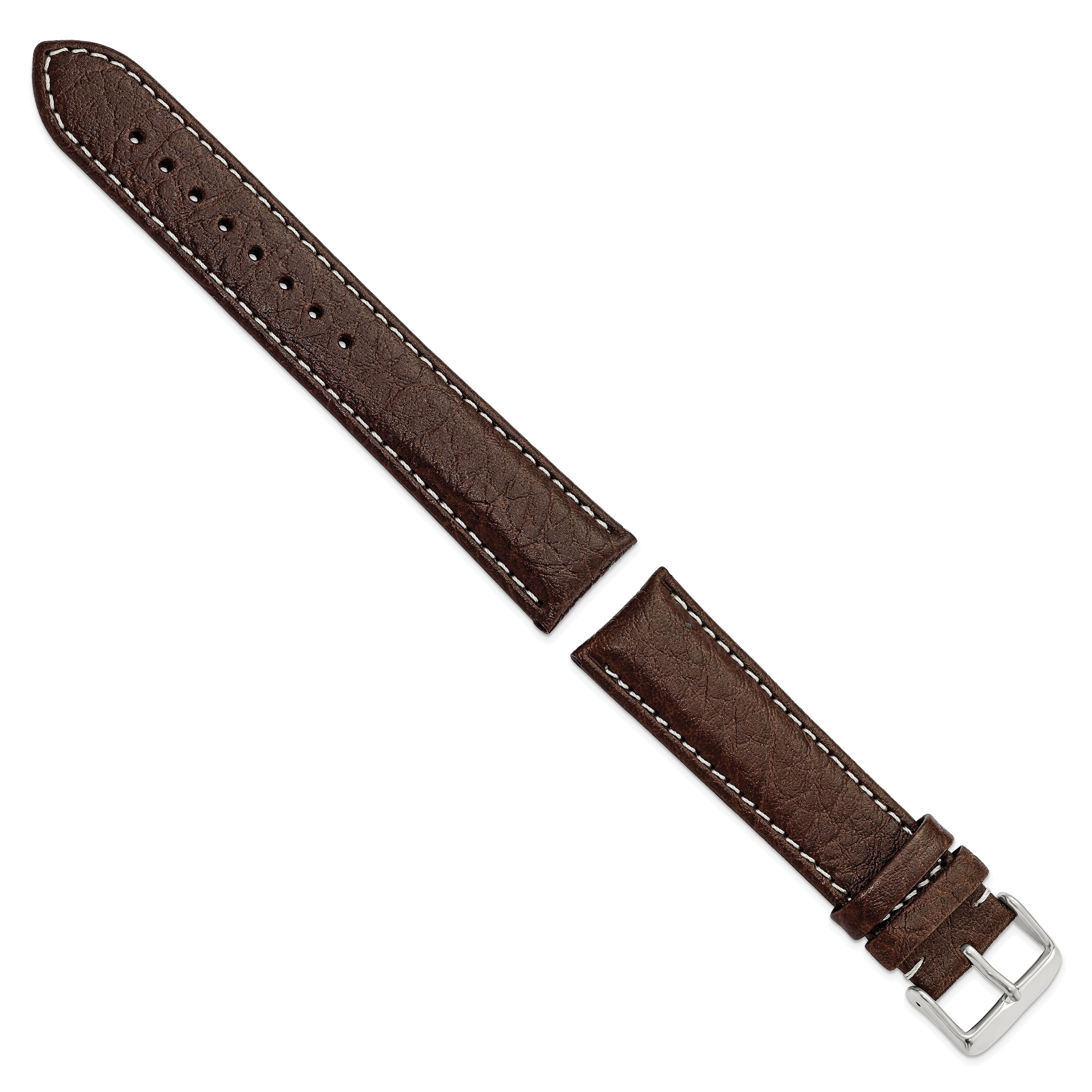 16mm Long Dark Brown Leather with White Stitching and Silver-tone Buckle 8.5 inch Watch Band