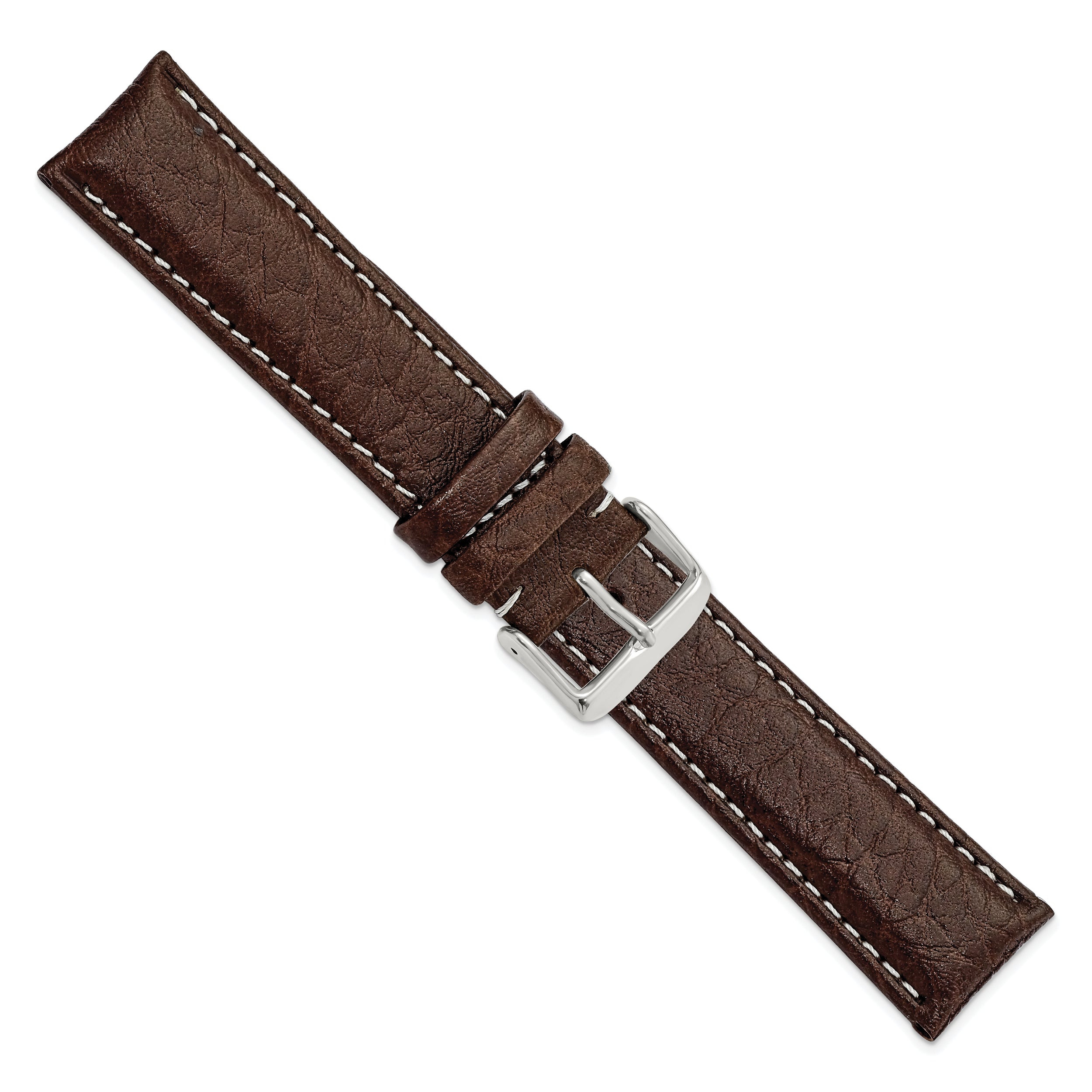 16mm Long Dark Brown Leather with White Stitching and Silver-tone Buckle 8.5 inch Watch Band