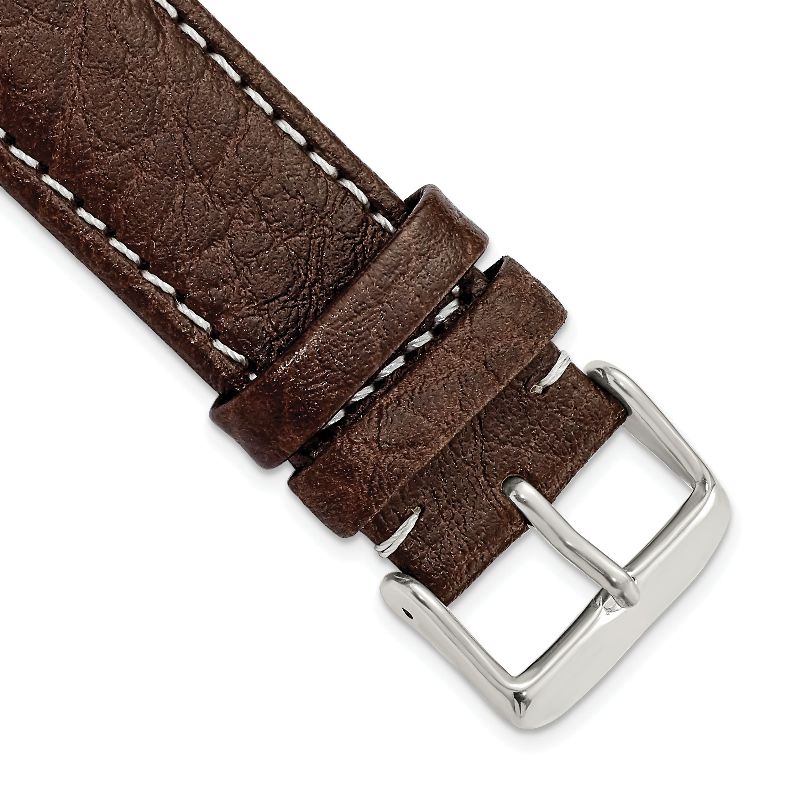 DeBeer 22mm Long Dark Brown Leather with White Stitching and Silver-tone Buckle 8.5 inch Watch Band