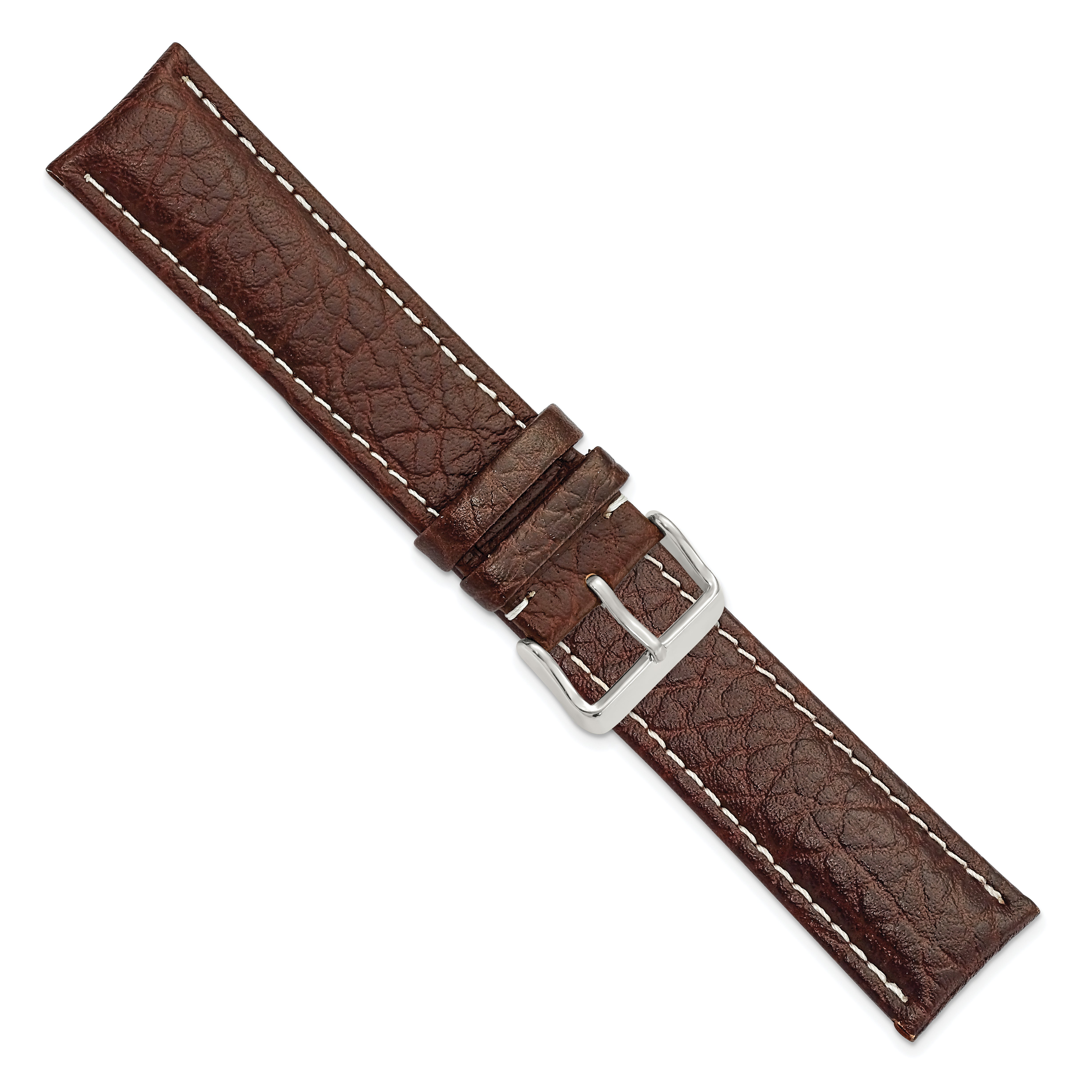 16mm Long Dark Brown Leather with White Stitching and Silver-tone Buckle 8.5 inch Watch Band