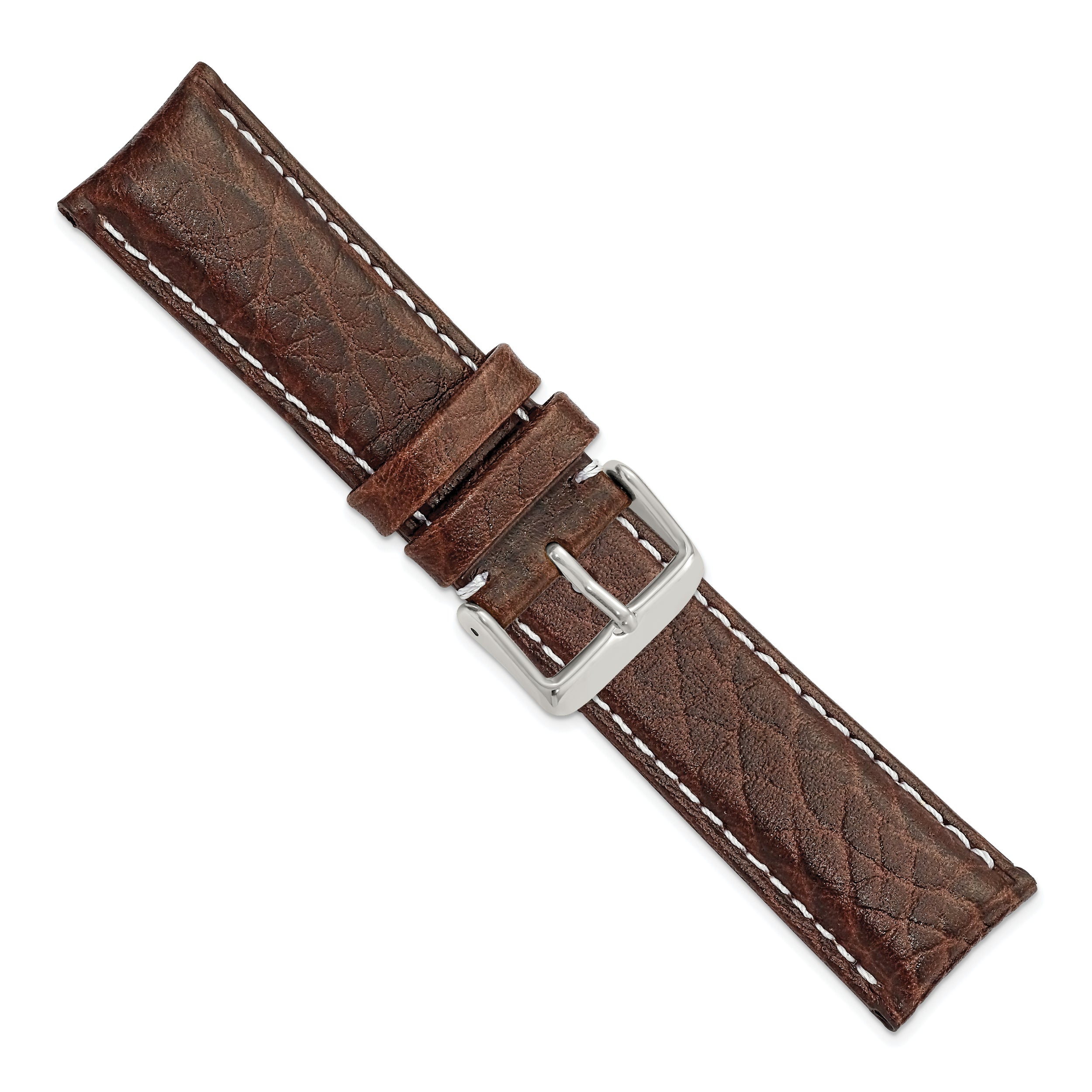 22mm Short Dark Brown Leather with White Stitching and Silver-tone Buckle 6.75 inch Watch Band