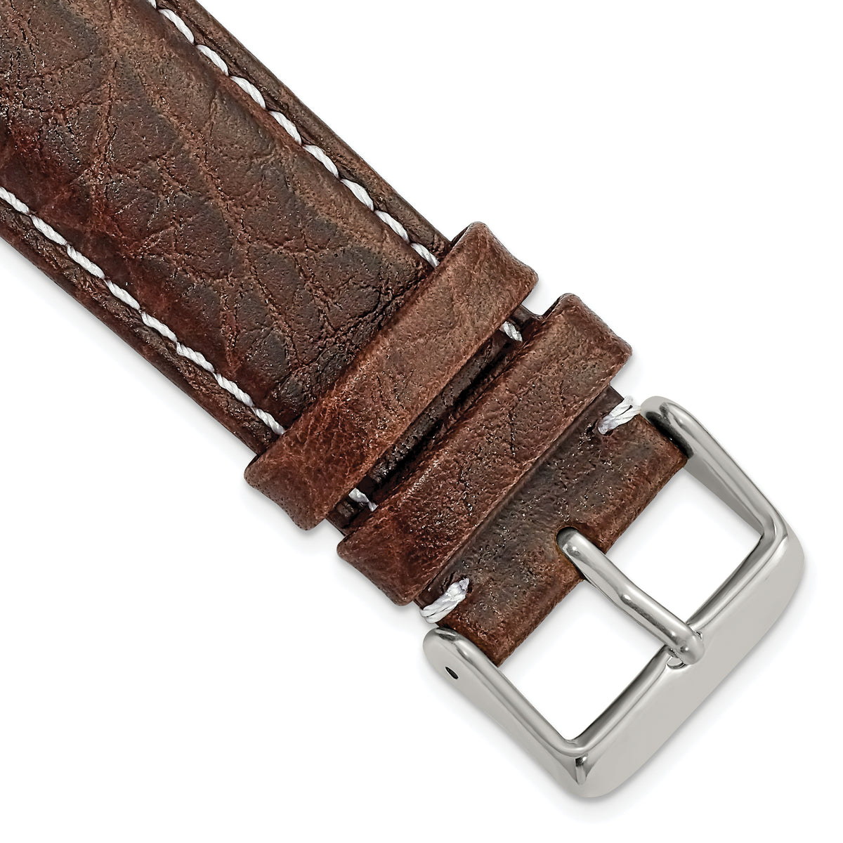 DeBeer 24mm Short Dark Brown Leather with White Stitching and Silver-tone Buckle 6.75 inch Watch Band