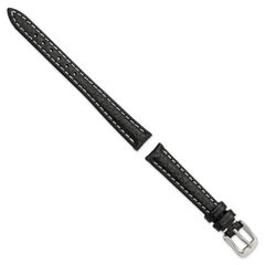 12mm Black Sport Leather with White Stitching and Silver-tone Buckle 6.75 inch Watch Band