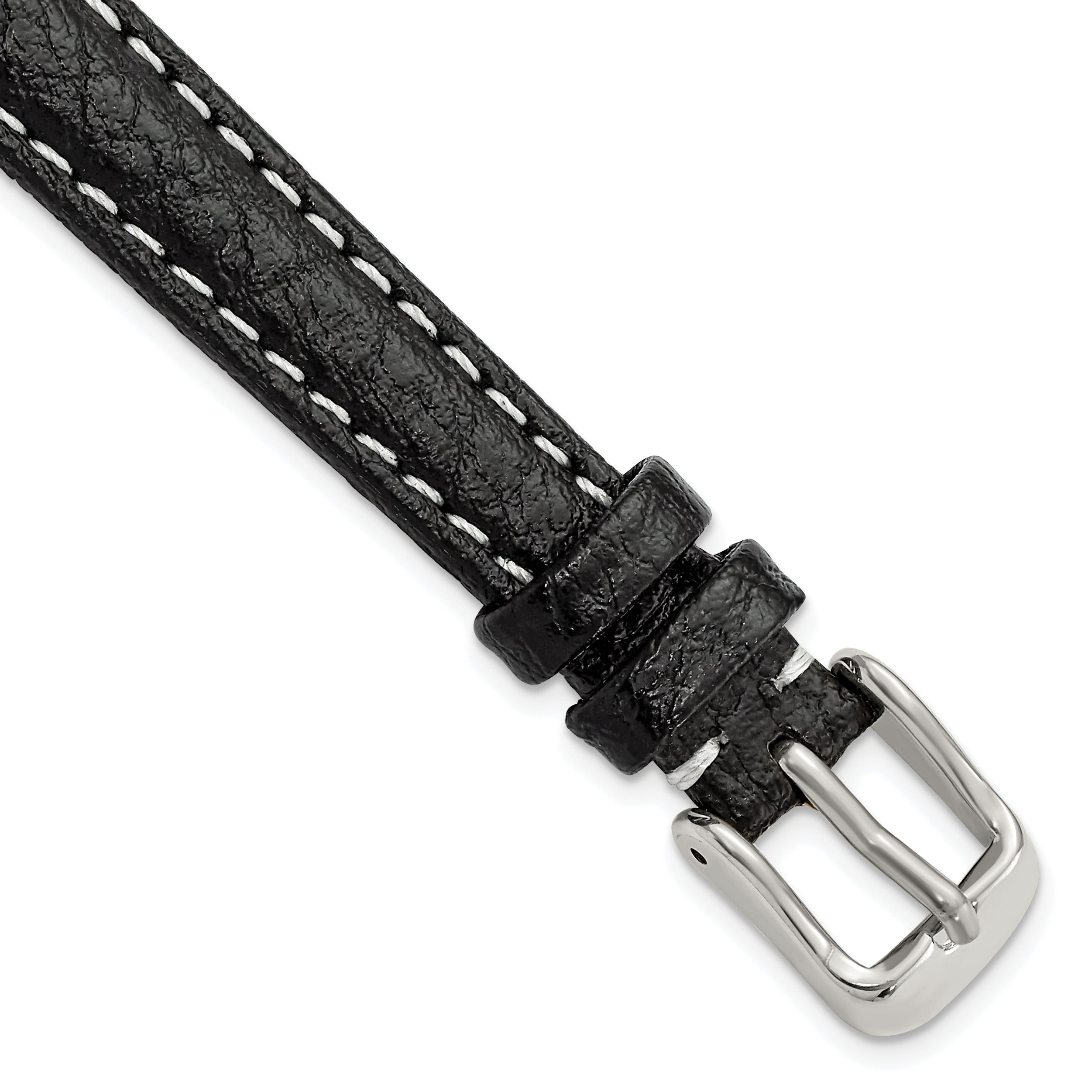 DeBeer 12mm Black Sport Leather with White Stitching and Silver-tone Buckle 6.75 inch Watch Band