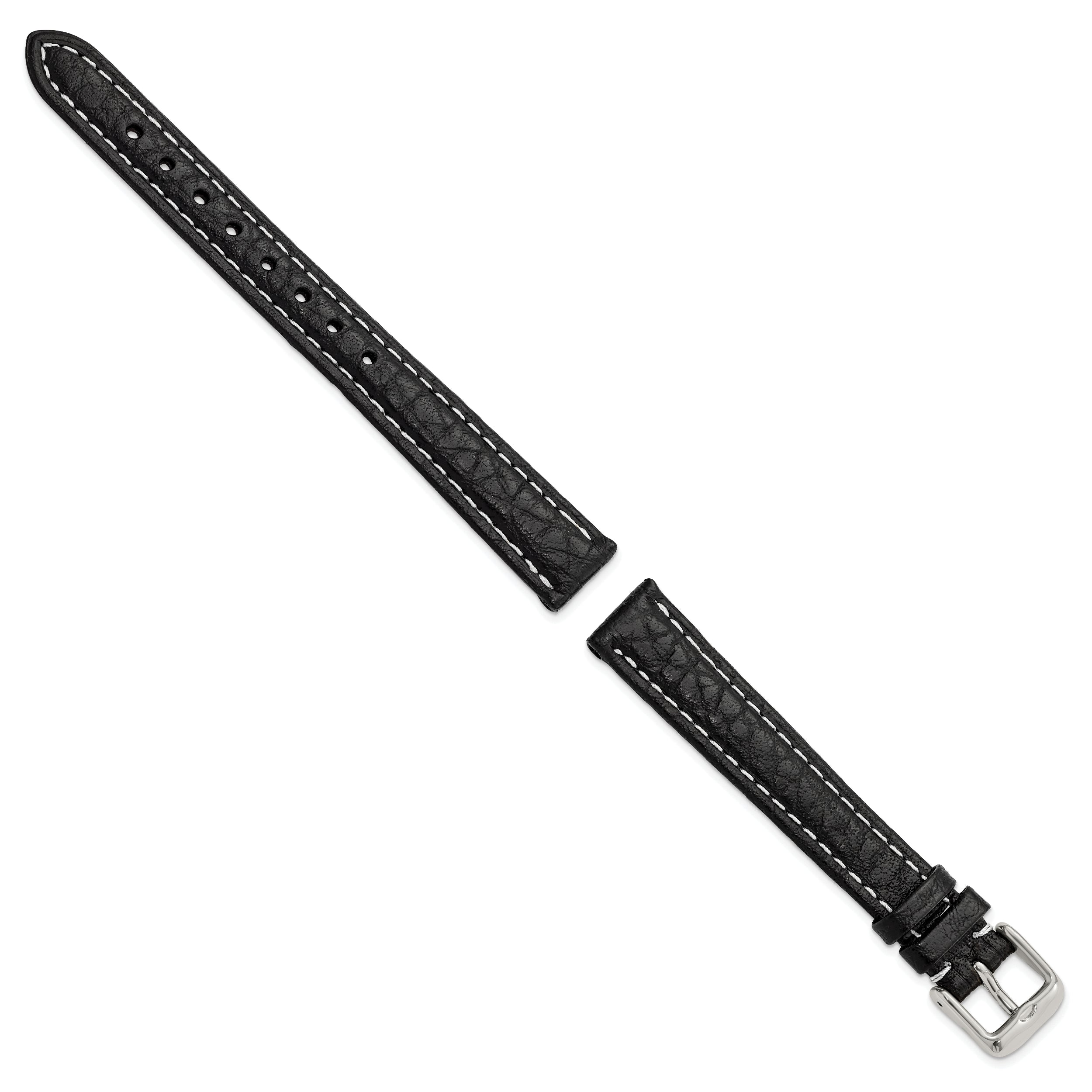 12mm Black Sport Leather with White Stitching and Silver-tone Buckle 6.75 inch Watch Band