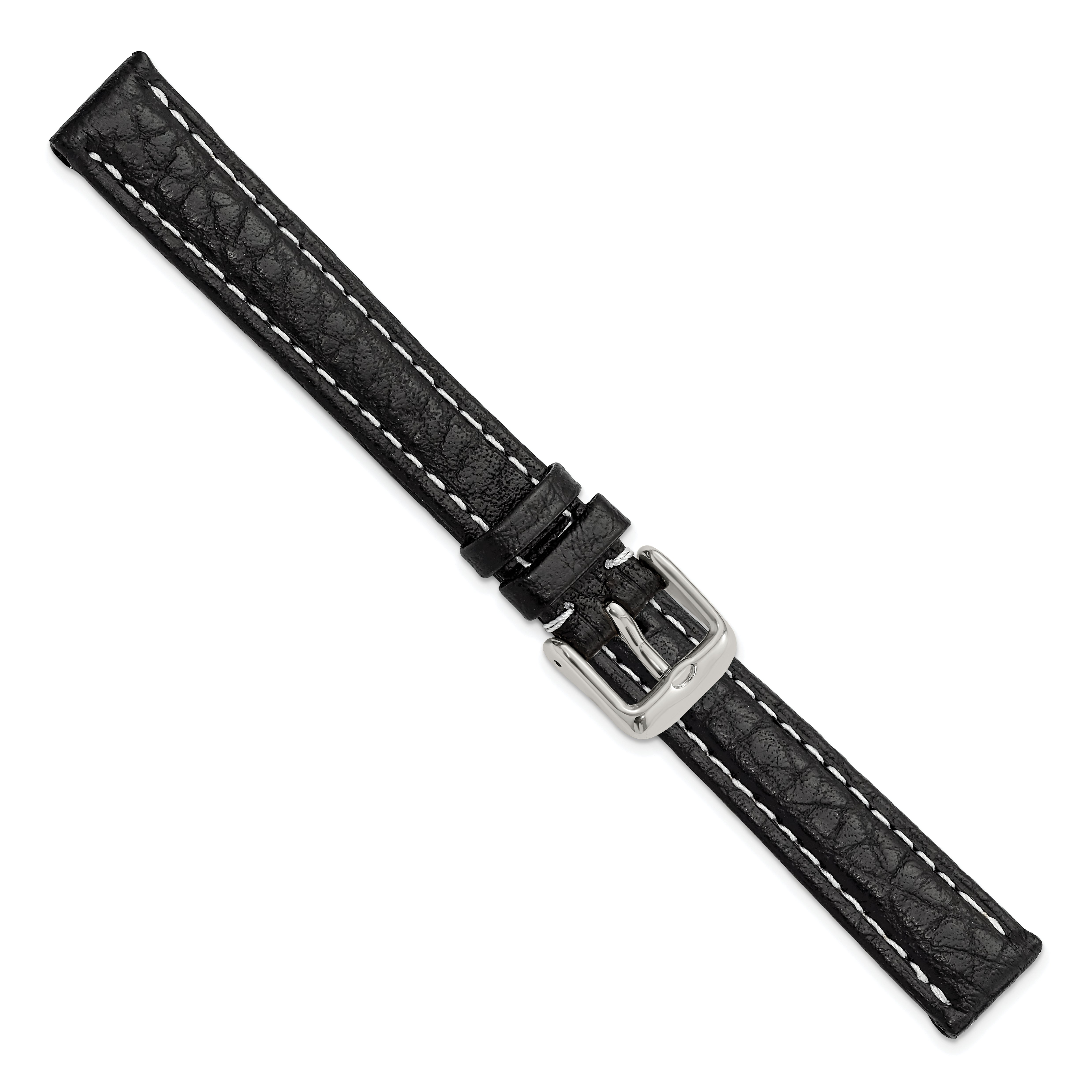 12mm Black Sport Leather with White Stitching and Silver-tone Buckle 6.75 inch Watch Band