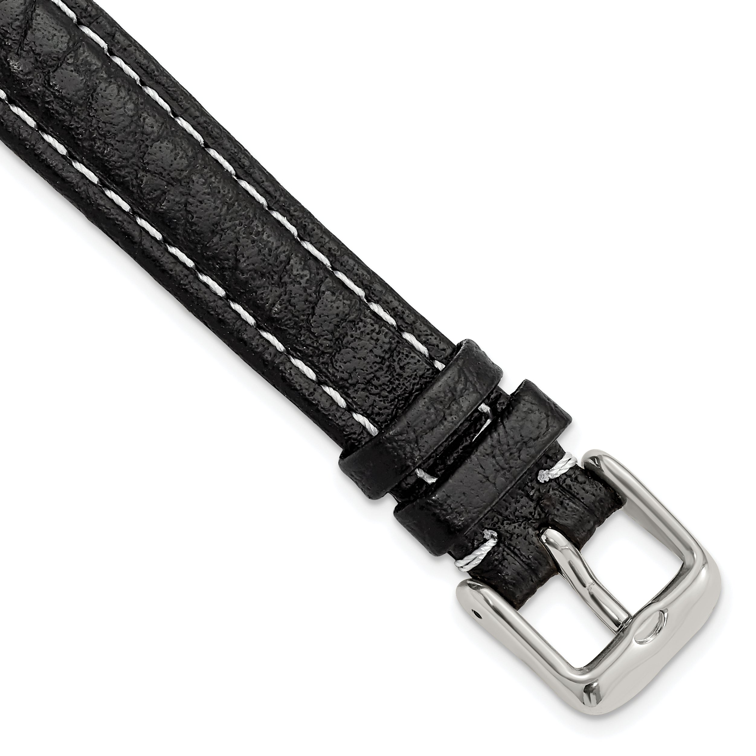 DeBeer 14mm Black Sport Leather with White Stitching and Silver-tone Buckle 6.75 inch Watch Band