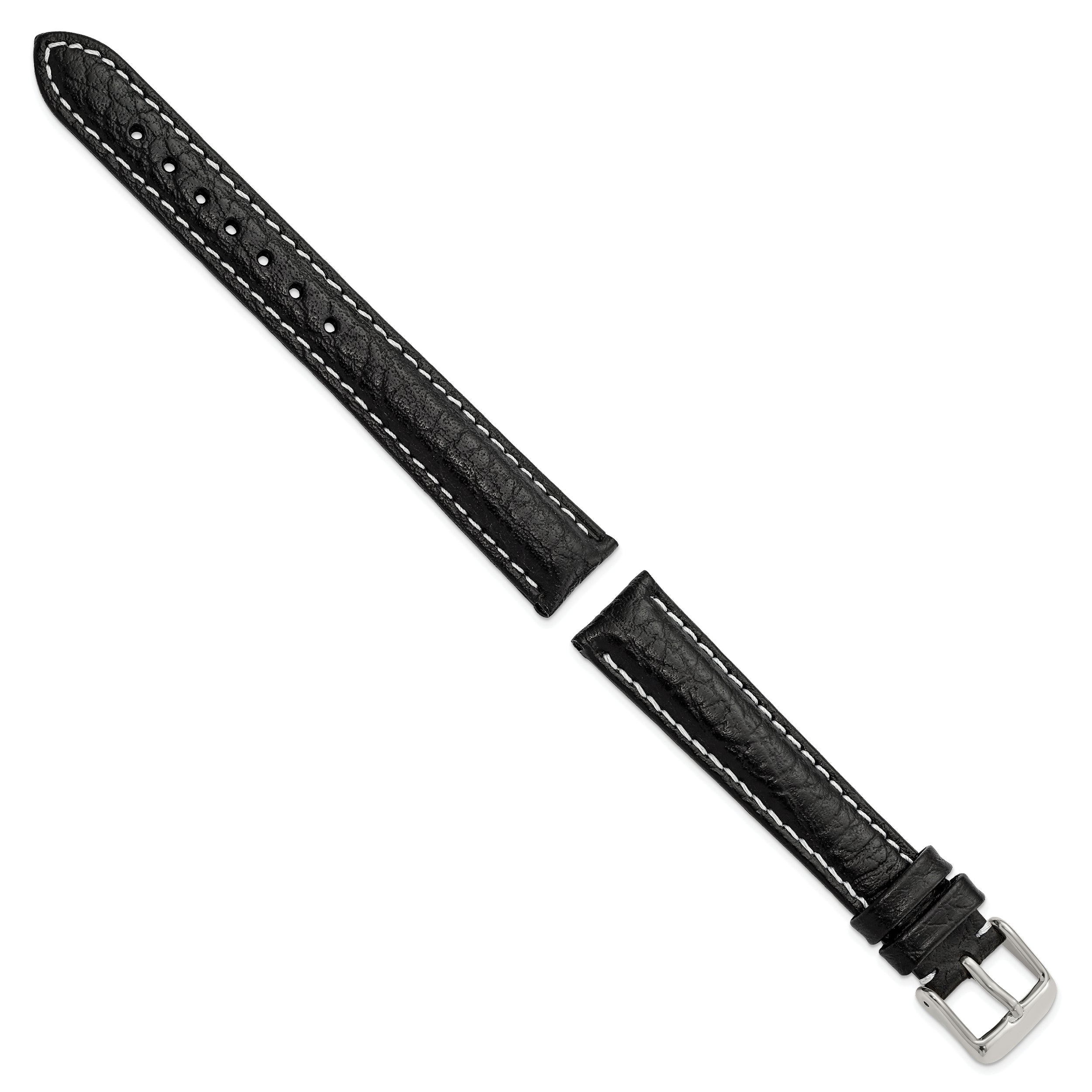 12mm Black Sport Leather with White Stitching and Silver-tone Buckle 6.75 inch Watch Band