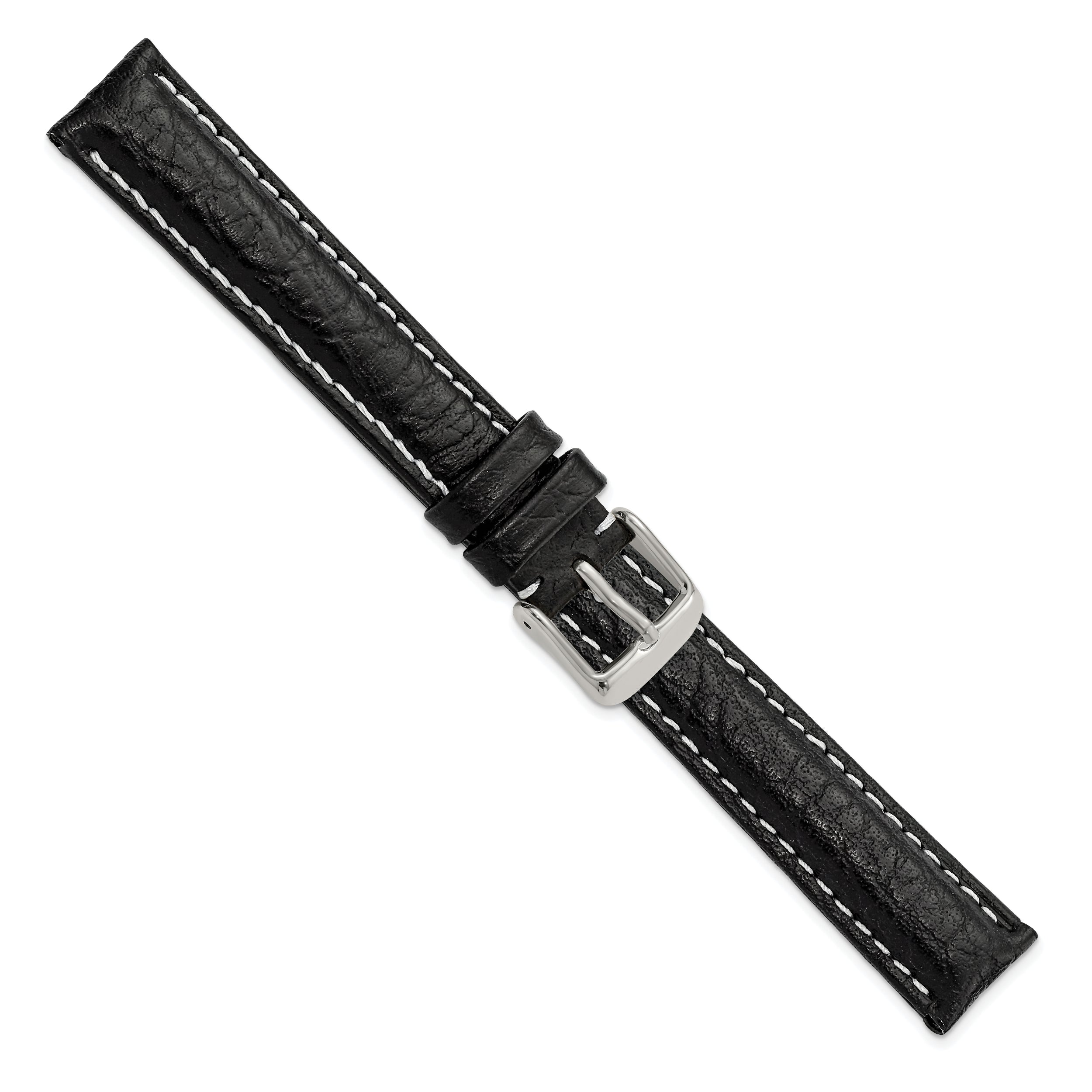 12mm Black Sport Leather with White Stitching and Silver-tone Buckle 6.75 inch Watch Band