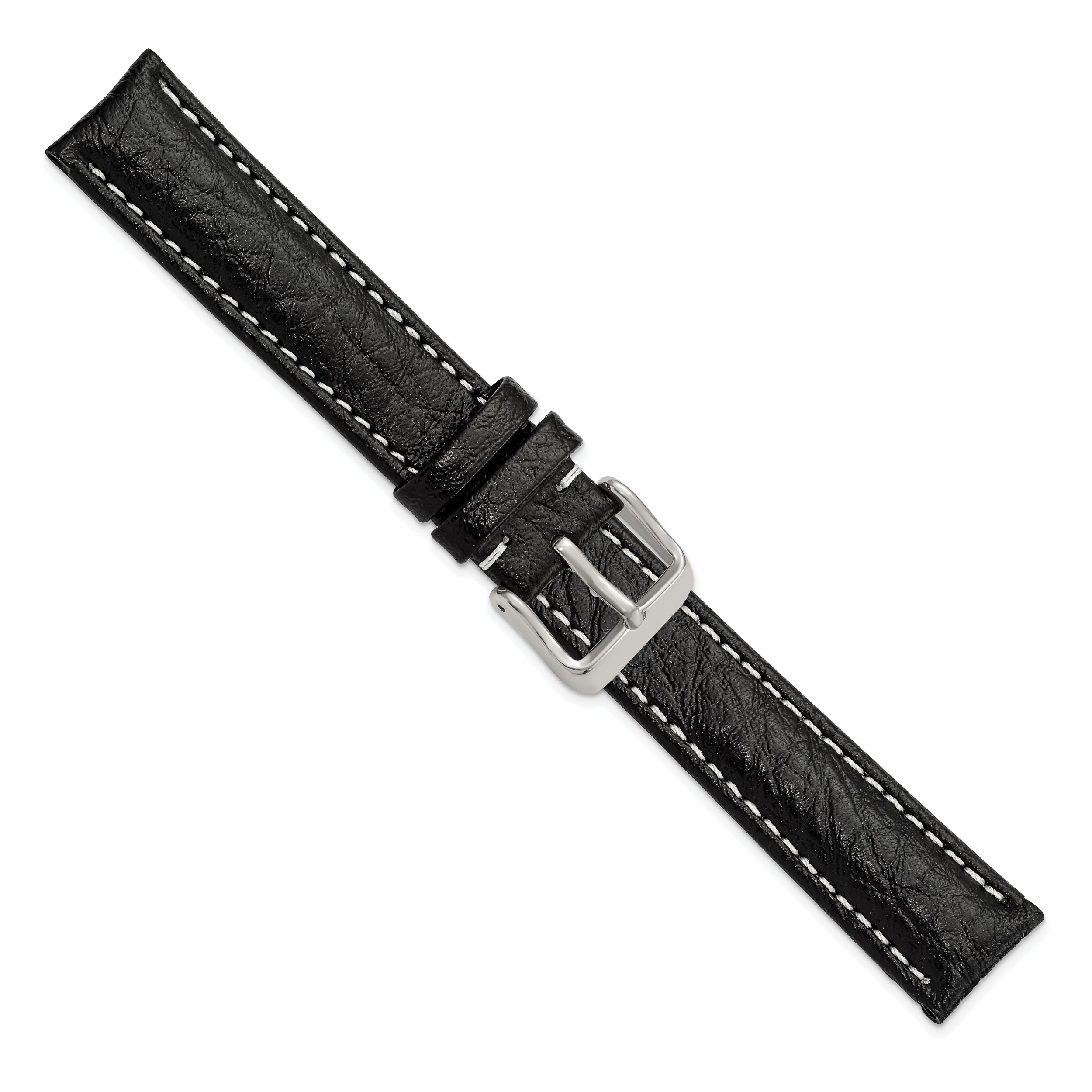 12mm Black Sport Leather with White Stitching and Silver-tone Buckle 6.75 inch Watch Band