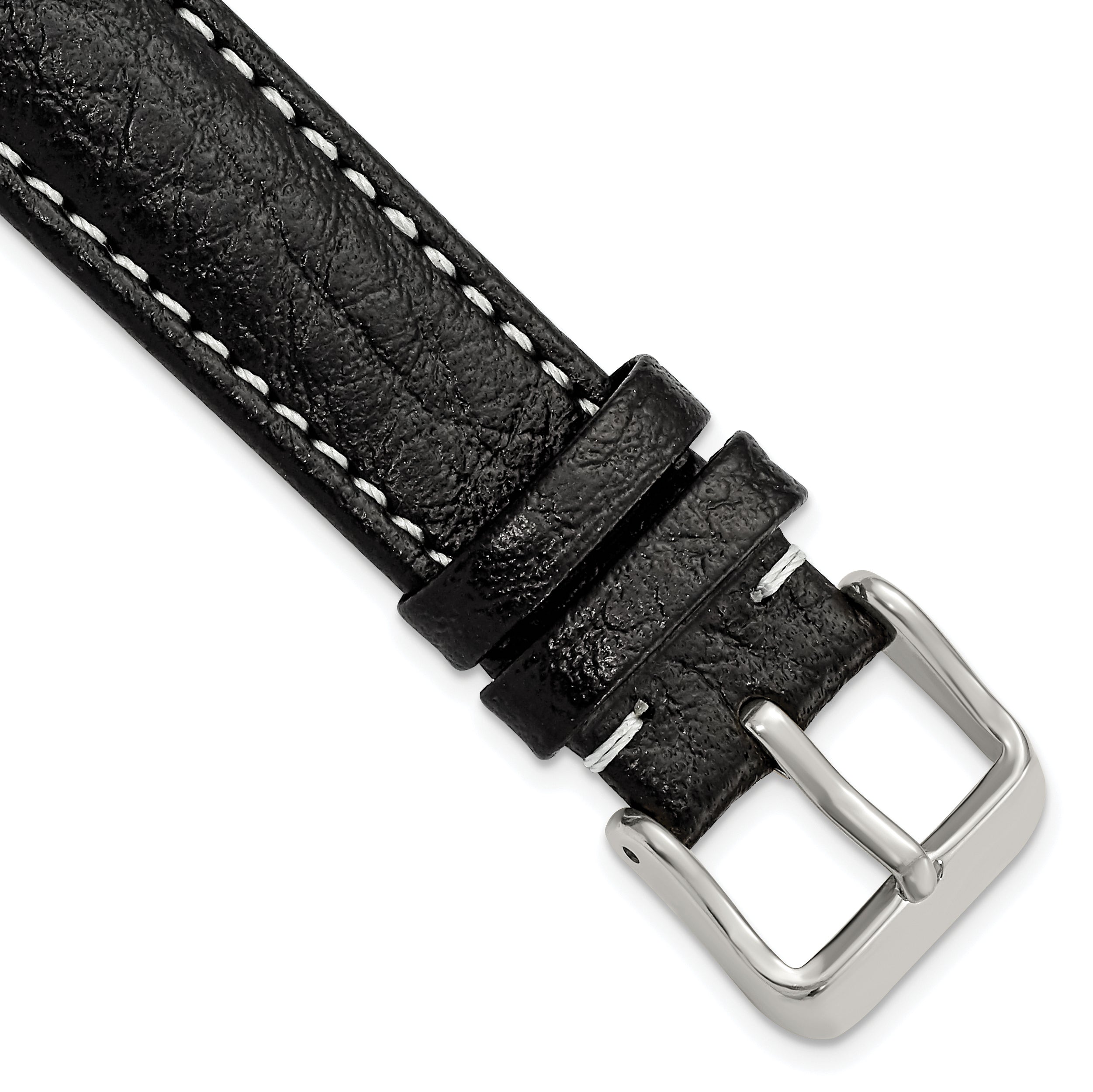 DeBeer 17mm Black Sport Leather with White Stitching and Silver-tone Buckle 7.5 inch Watch Band